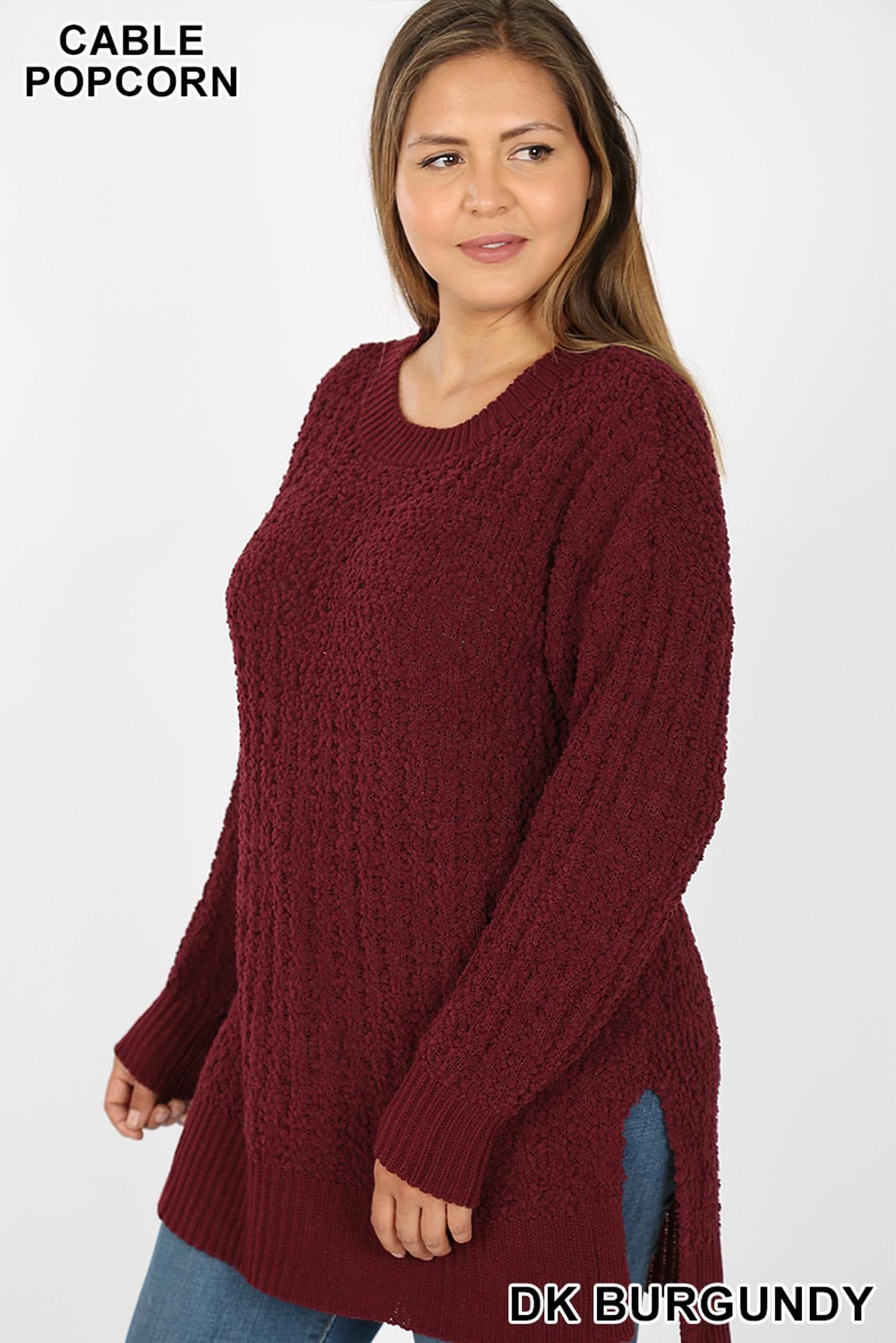 Wholesale Cable Knit Popcorn Round Neck Hi-Low Plus Size Sweater