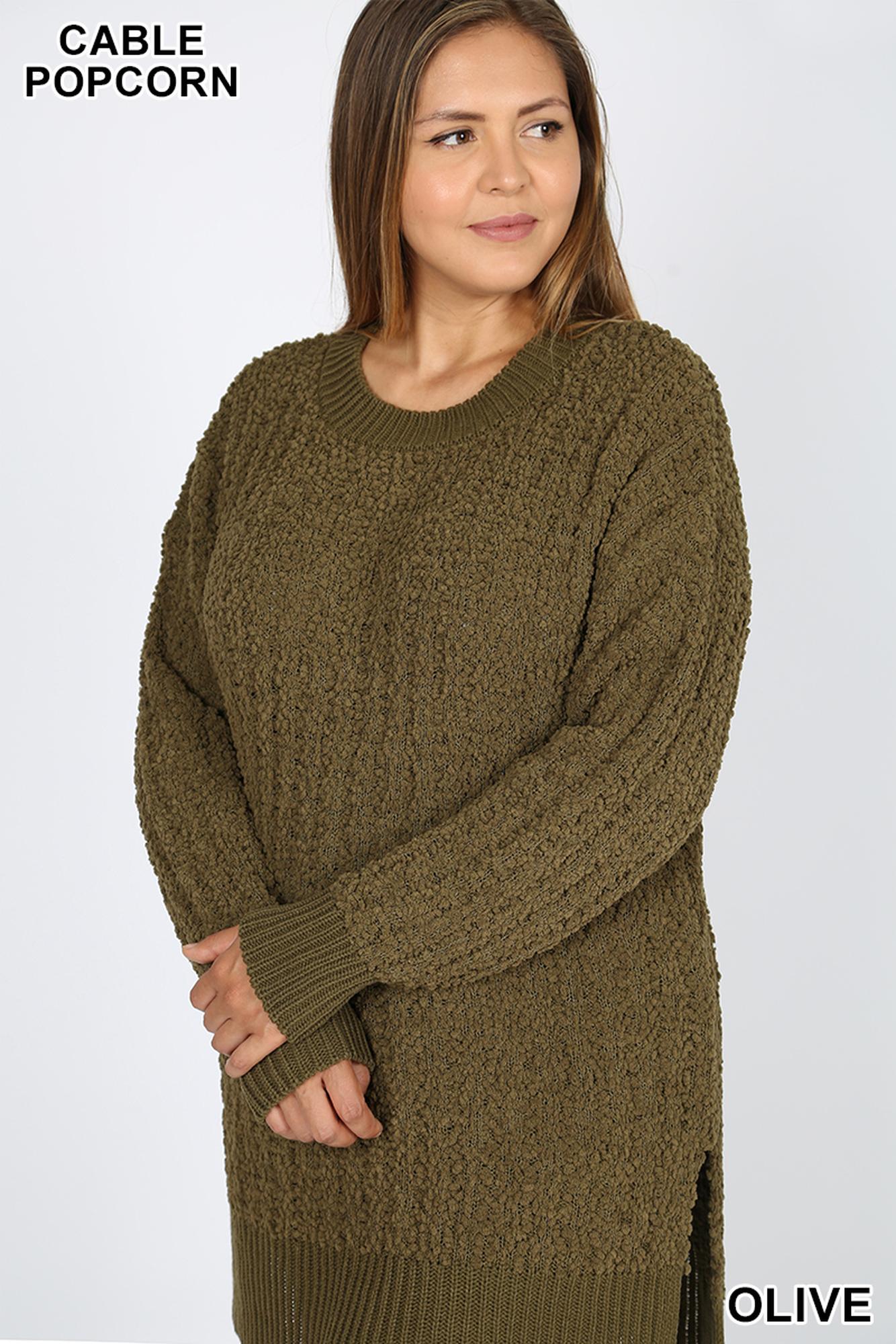 Wholesale Cable Knit Popcorn Round Neck Hi-Low Plus Size Sweater