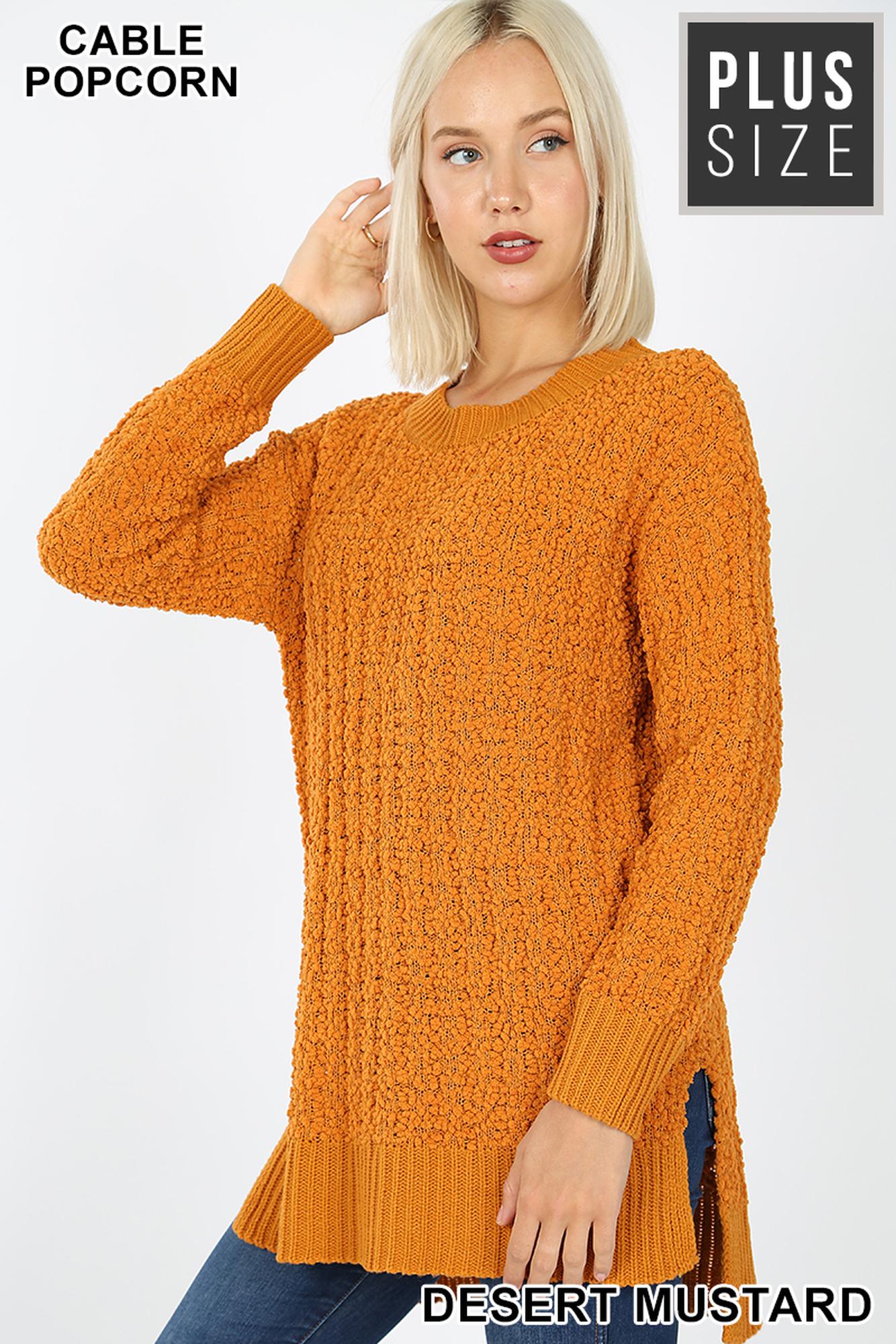 Wholesale Cable Knit Popcorn Round Neck Hi-Low Plus Size Sweater