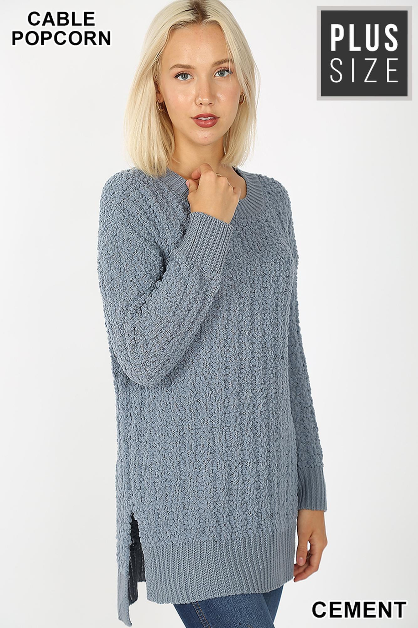 Wholesale Cable Knit Popcorn Round Neck Hi-Low Plus Size Sweater