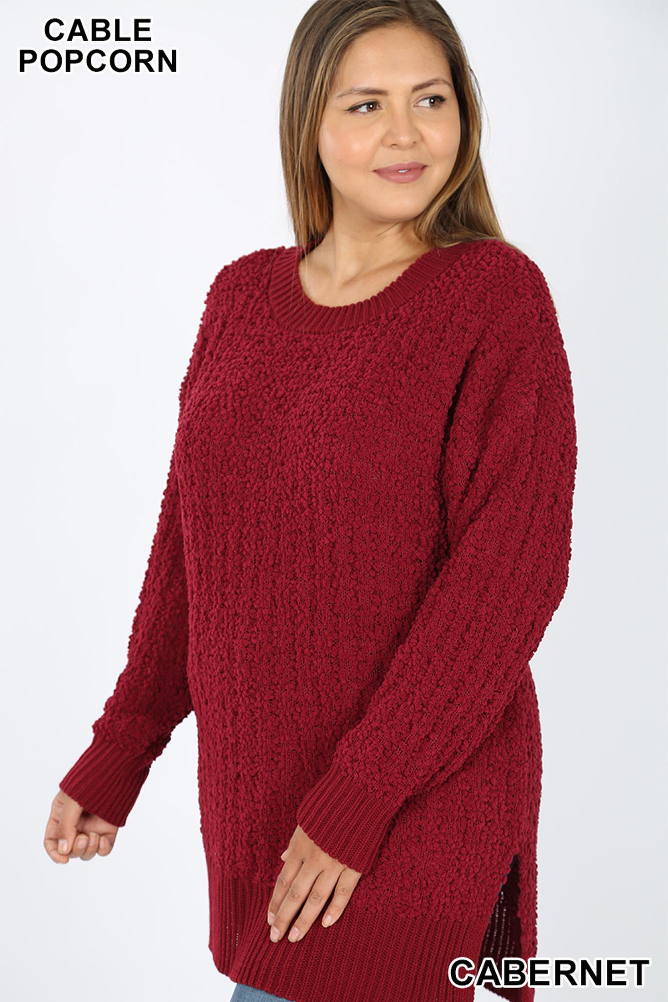 Wholesale Cable Knit Popcorn Round Neck Hi-Low Plus Size Sweater