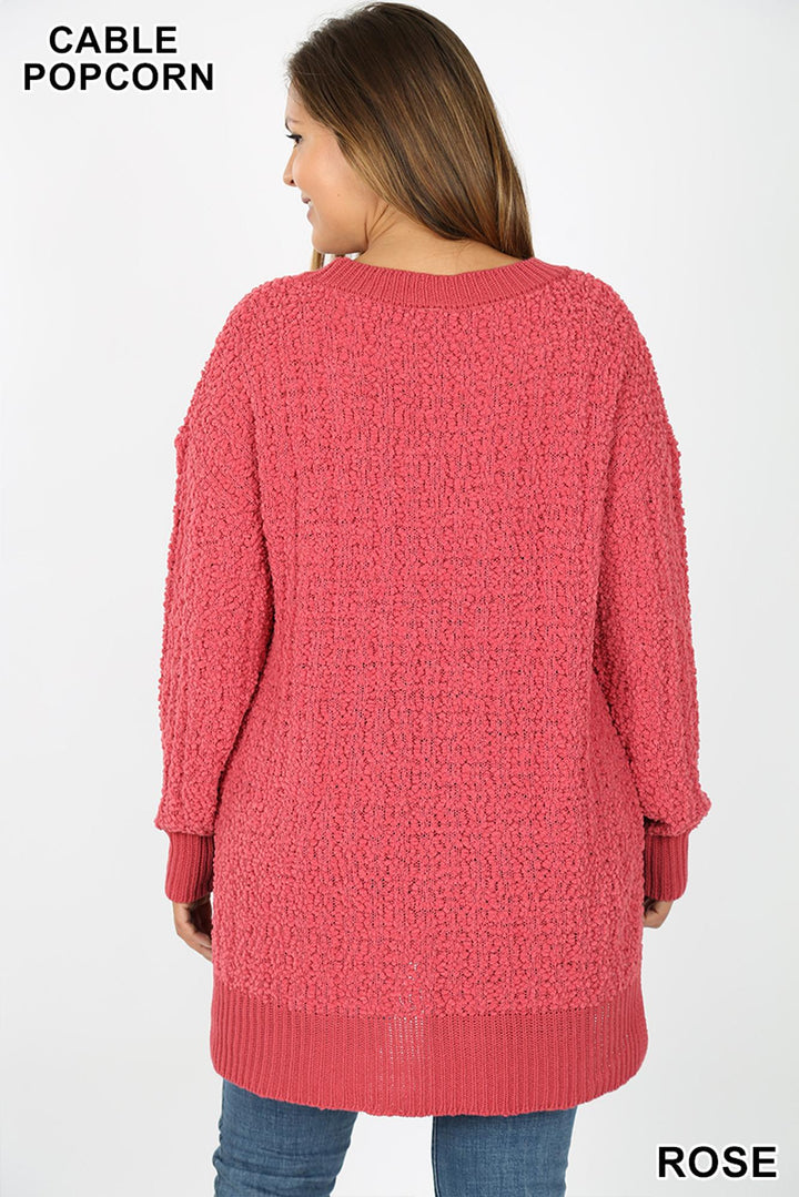 Wholesale Cable Knit Popcorn V-Neck Hi-Low Plus Size Sweater