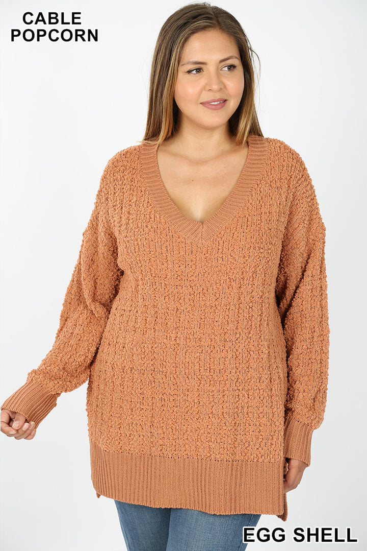 Wholesale Cable Knit Popcorn V-Neck Hi-Low Plus Size Sweater