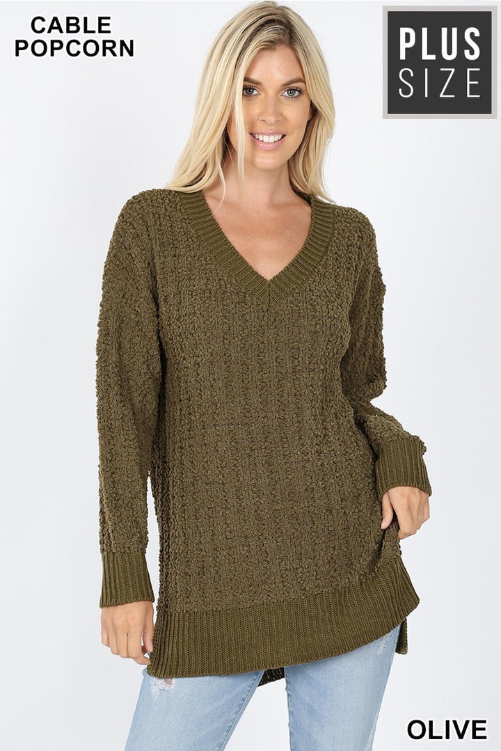 Wholesale Cable Knit Popcorn V-Neck Hi-Low Plus Size Sweater