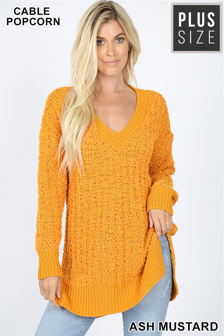 Wholesale Cable Knit Popcorn V-Neck Hi-Low Plus Size Sweater
