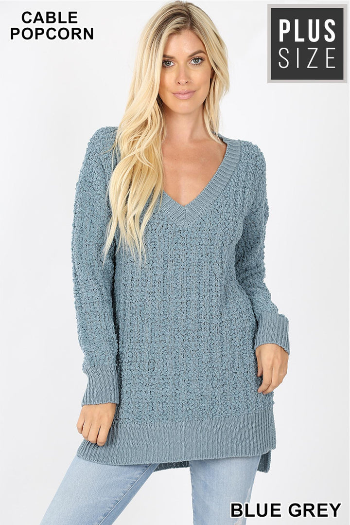 Wholesale Cable Knit Popcorn V-Neck Hi-Low Plus Size Sweater