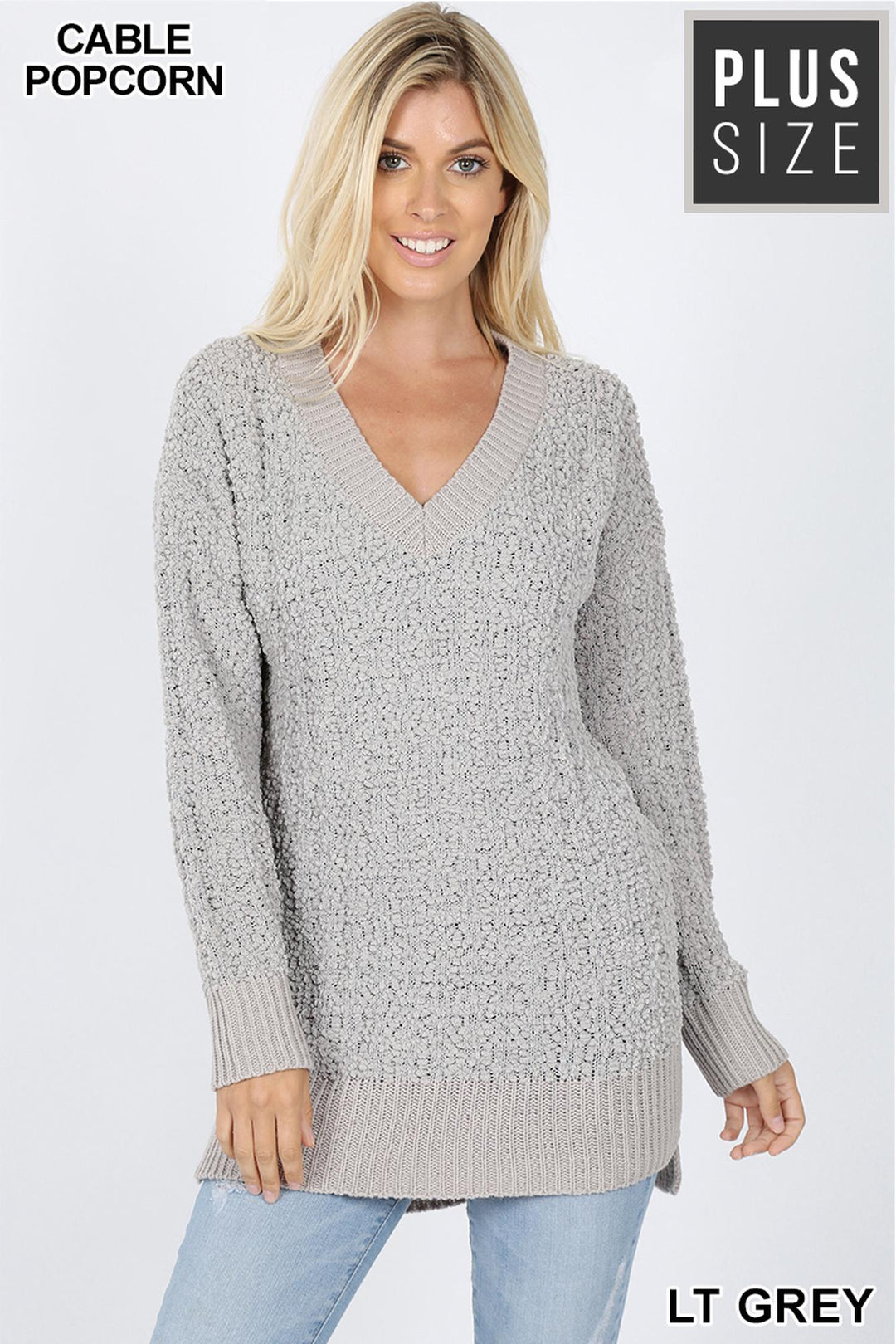 Wholesale Cable Knit Popcorn V-Neck Hi-Low Plus Size Sweater
