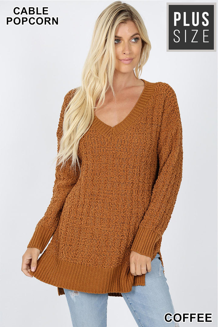 Wholesale Cable Knit Popcorn V-Neck Hi-Low Plus Size Sweater