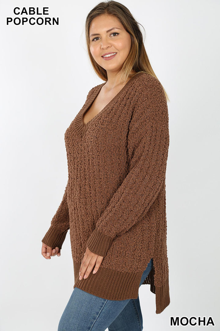 Wholesale Cable Knit Popcorn V-Neck Hi-Low Plus Size Sweater