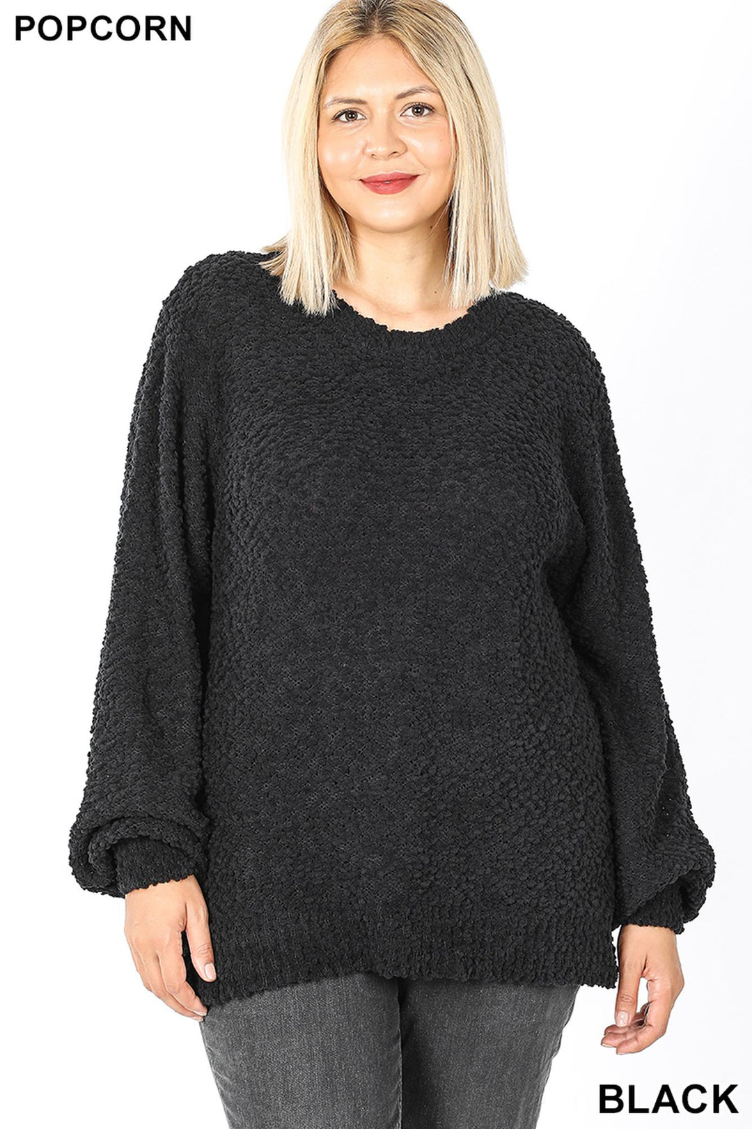 Wholesale Popcorn Balloon Sleeve Round Neck Plus Size Pullover Sweater