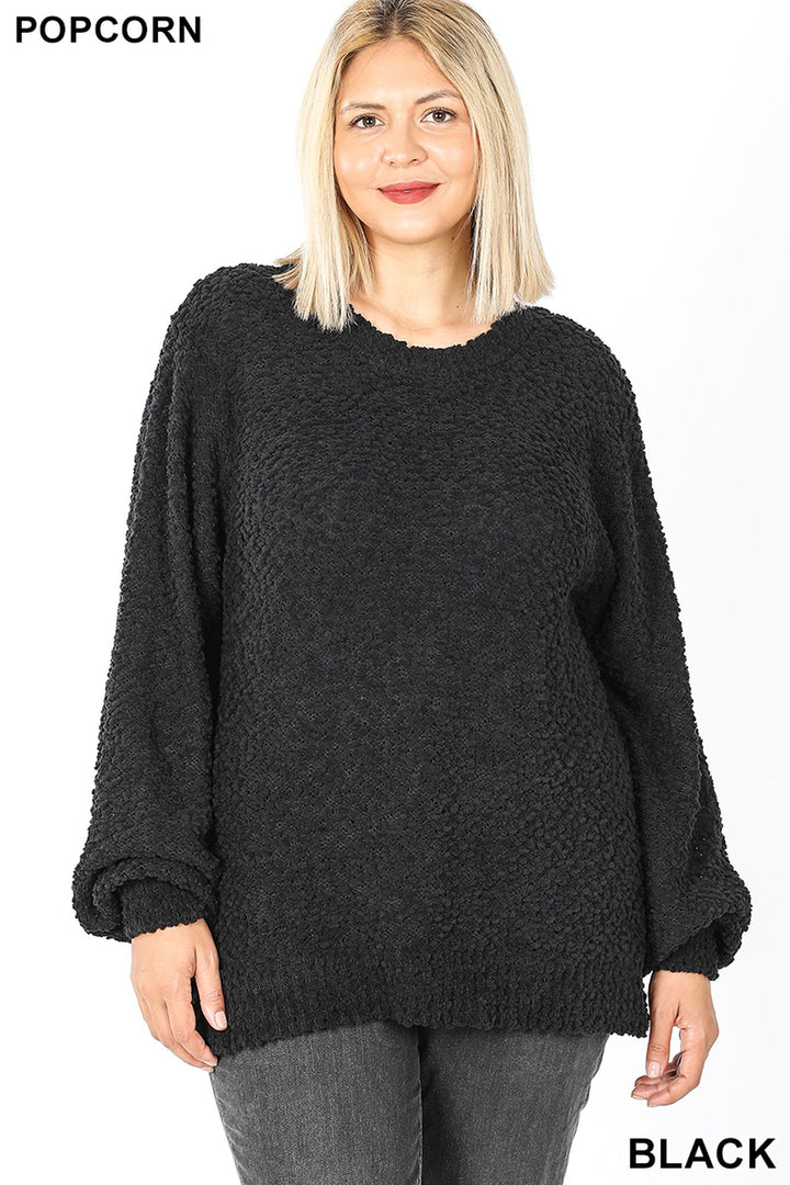 Wholesale Popcorn Balloon Sleeve Round Neck Plus Size Pullover Sweater