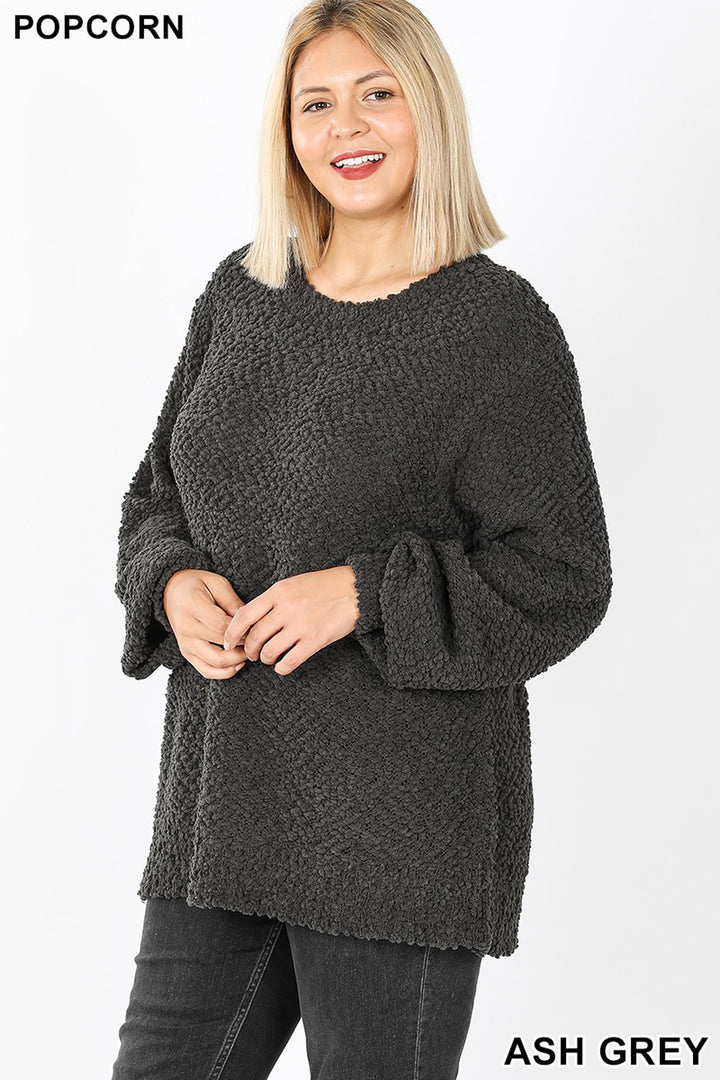 Wholesale Popcorn Balloon Sleeve Round Neck Plus Size Pullover Sweater