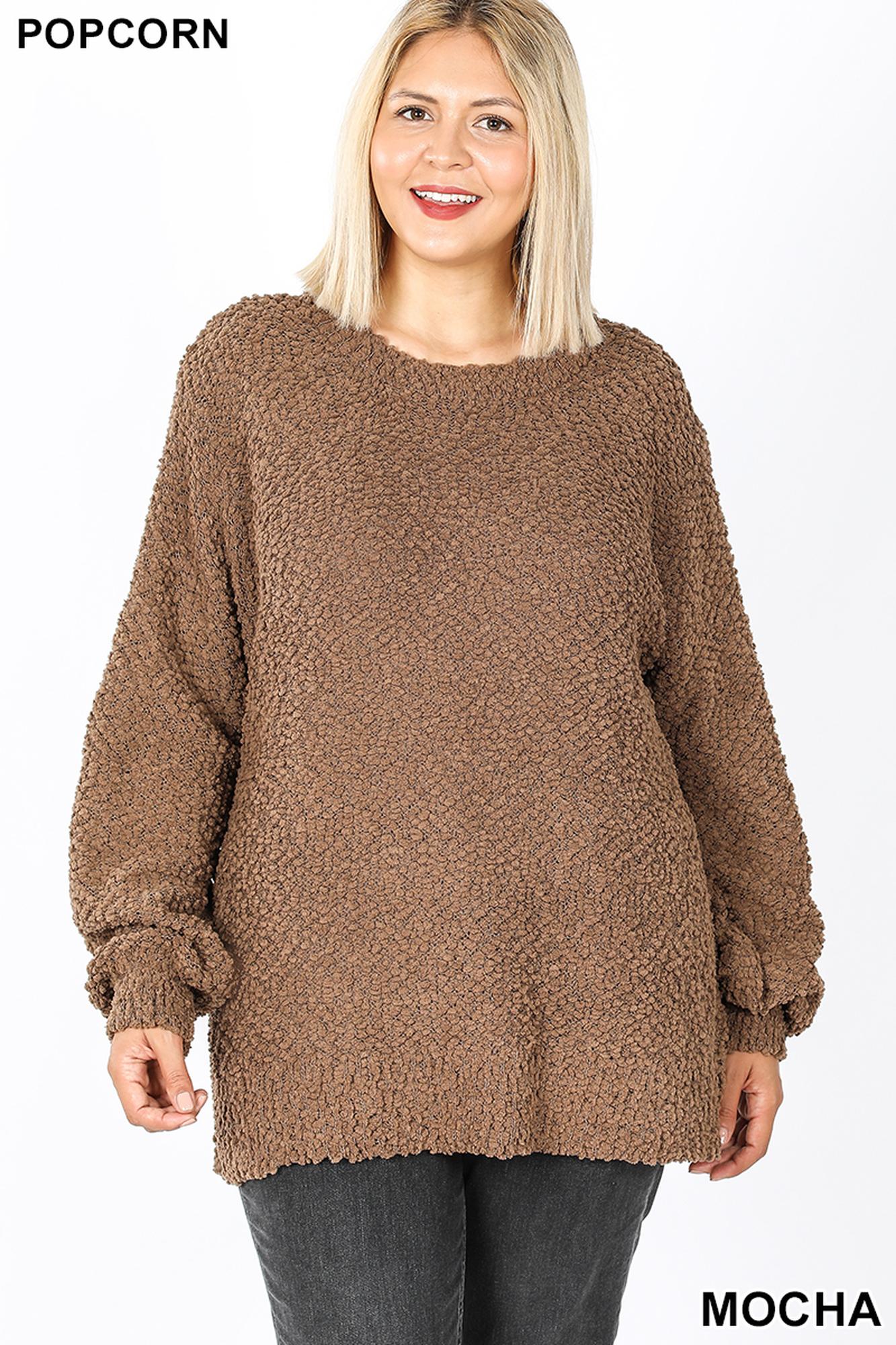 Wholesale Popcorn Balloon Sleeve Round Neck Plus Size Pullover Sweater