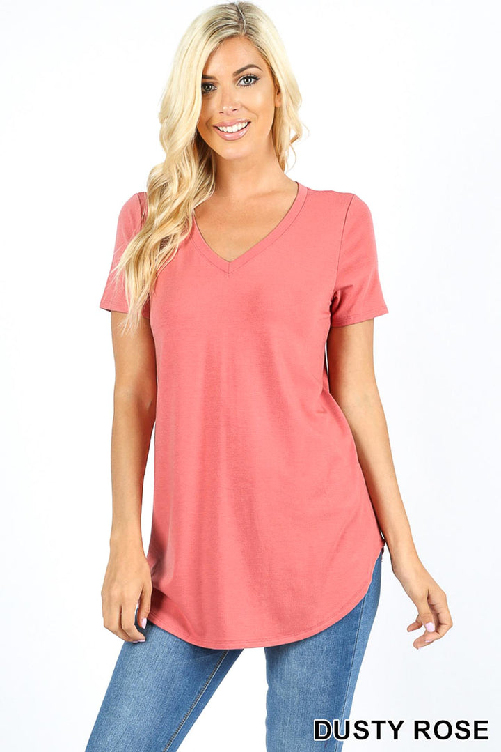 Wholesale Premium Short Sleeve Relaxed Fit V-Neck Round Hem Top