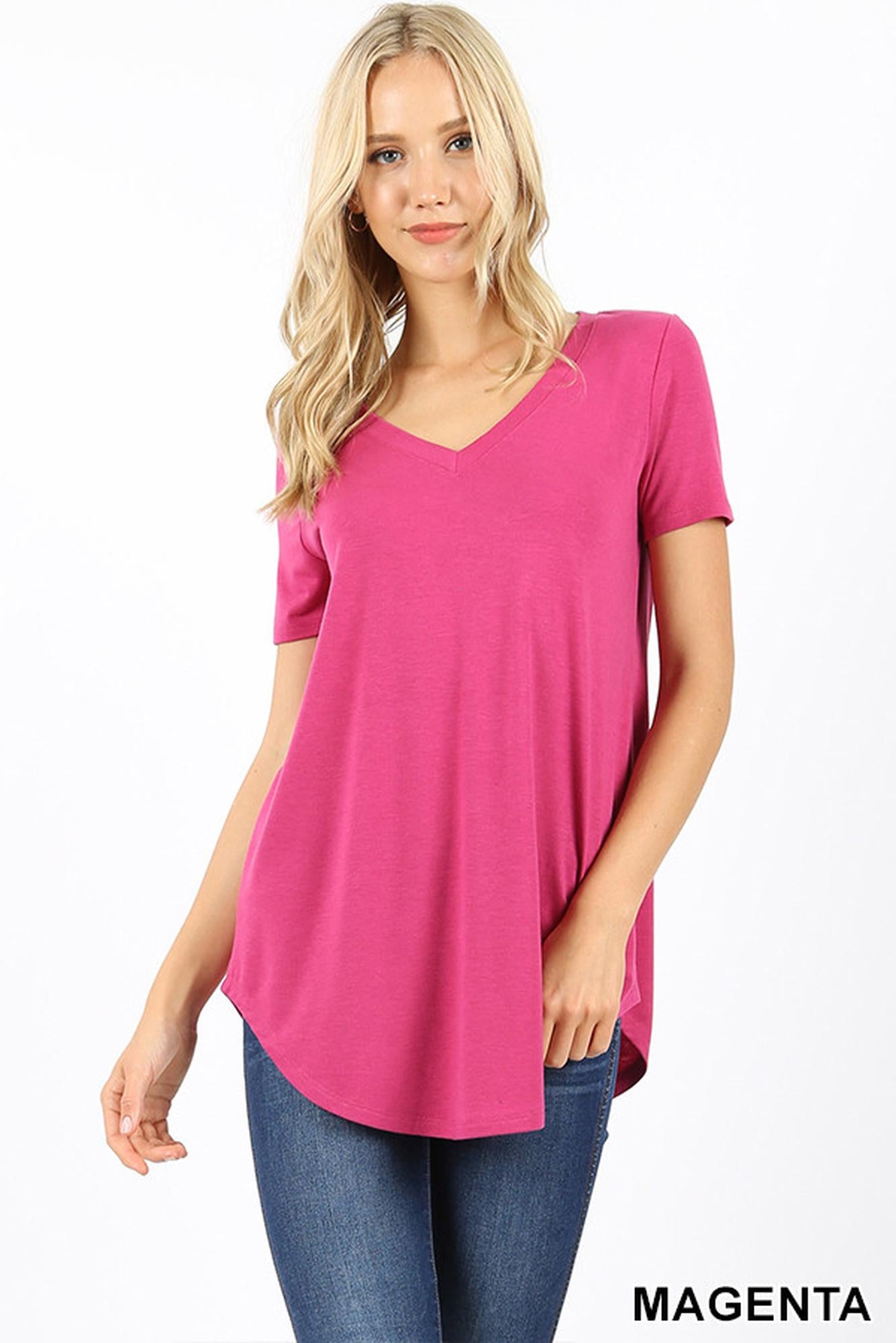 Wholesale Premium Short Sleeve Relaxed Fit V-Neck Round Hem Top