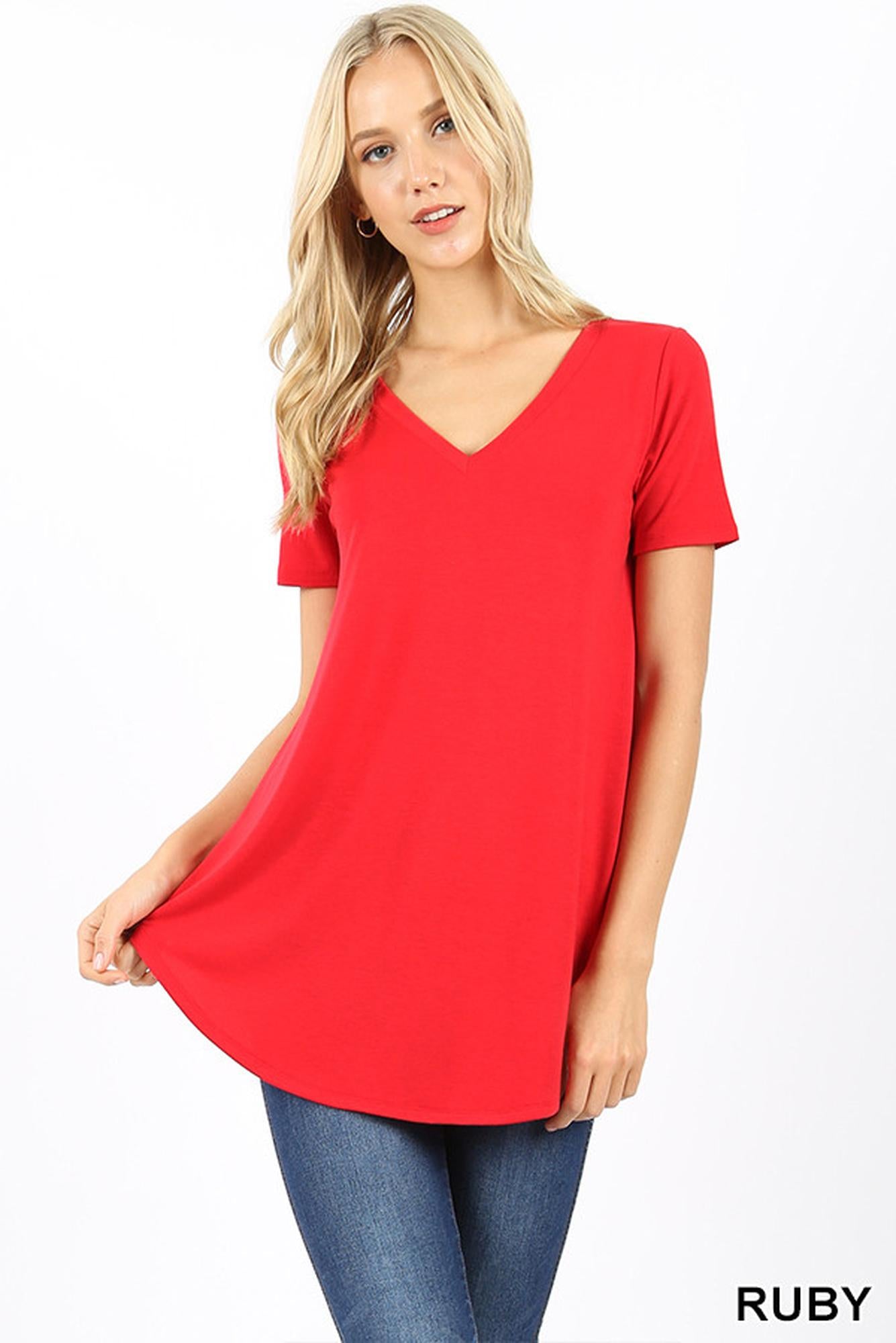 Wholesale Premium Short Sleeve Relaxed Fit V-Neck Round Hem Top