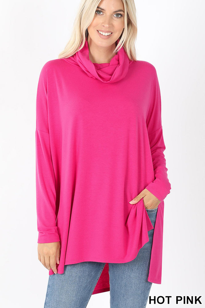 Wholesale Cowl Neck Hi-Low Long Sleeve Top