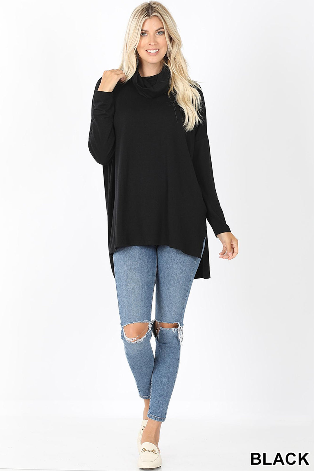 Wholesale Cowl Neck Hi-Low Long Sleeve Top