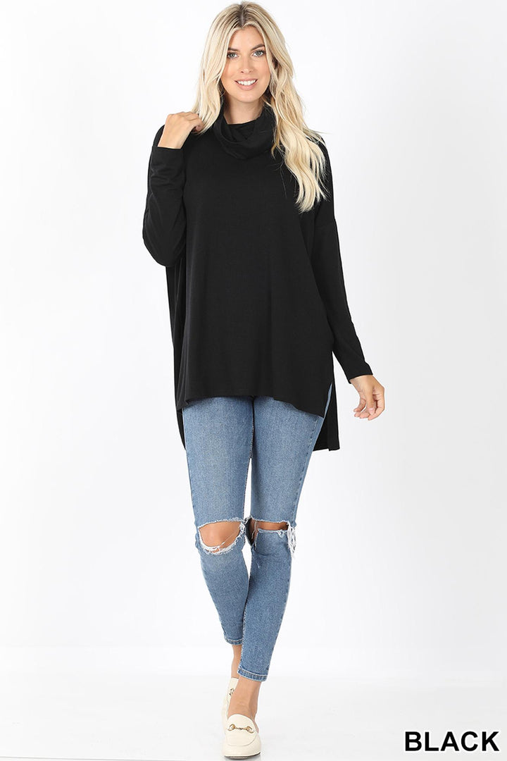 Wholesale Cowl Neck Hi-Low Long Sleeve Top