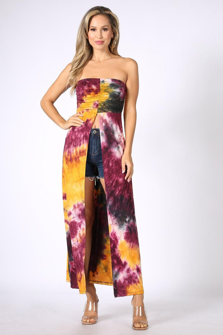 Wholesale Tie Dye Ruched Split Front Maxi Duster Tube Top