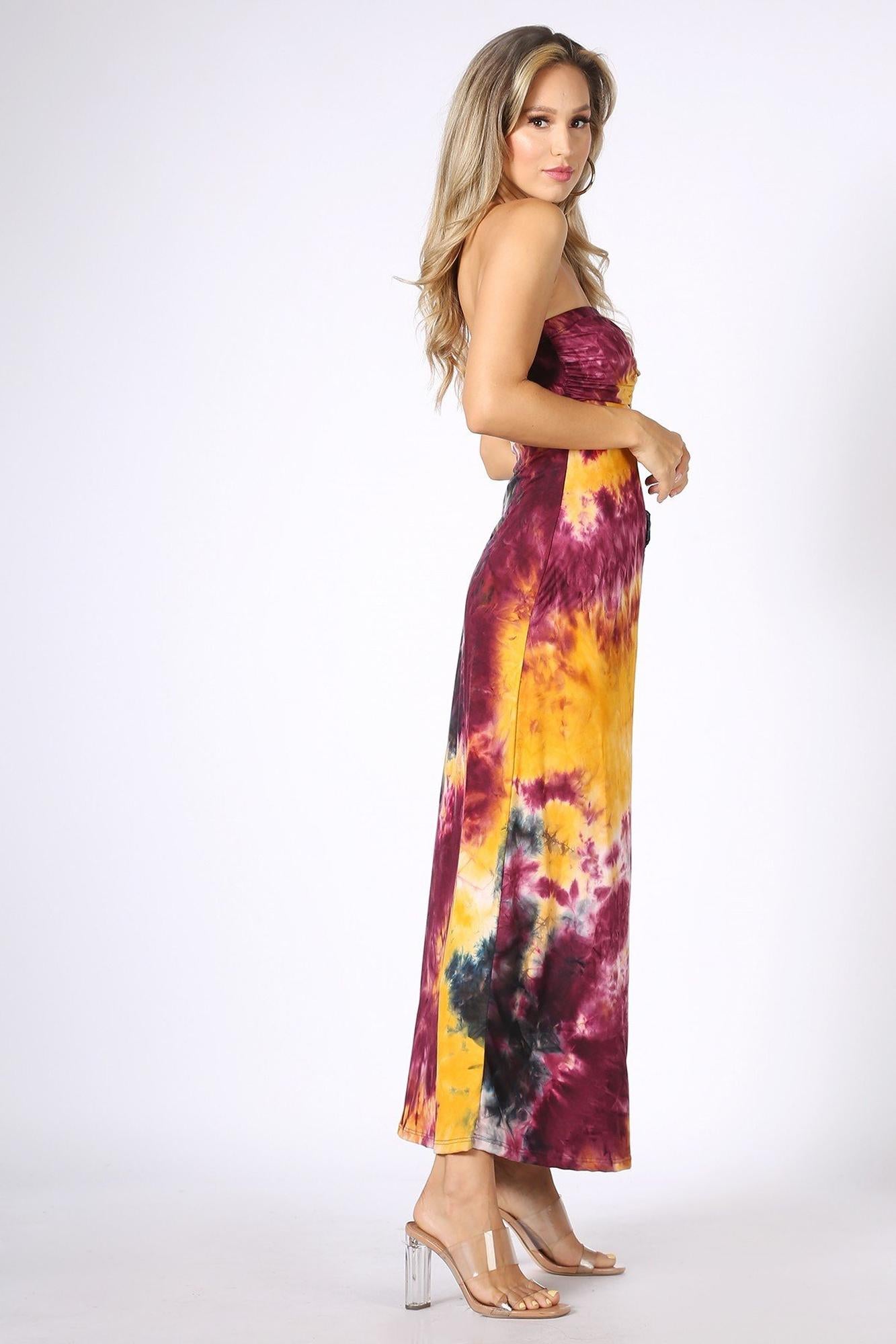 Wholesale Tie Dye Ruched Split Front Maxi Duster Tube Top