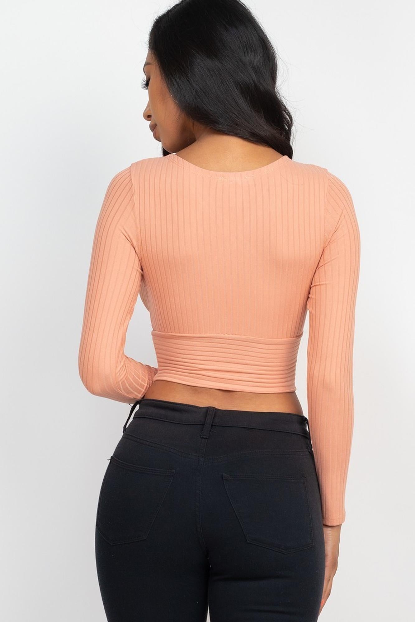 Wholesale Long Sleeve Ribbed Wrap Front Crop Top