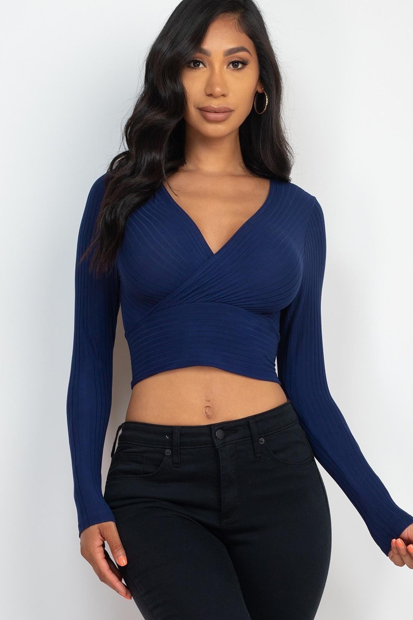 Wholesale Long Sleeve Ribbed Wrap Front Crop Top