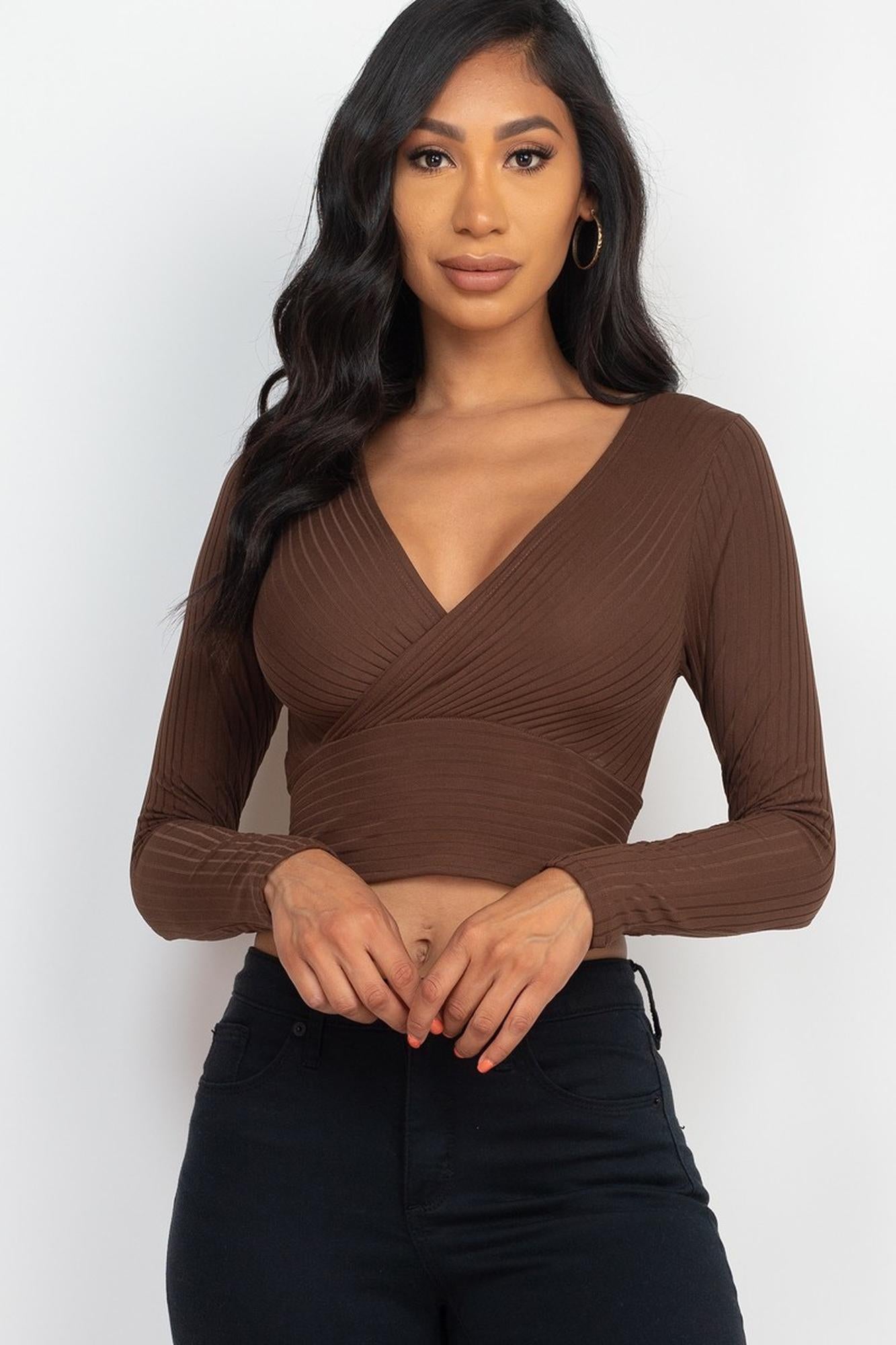 Wholesale Long Sleeve Ribbed Wrap Front Crop Top