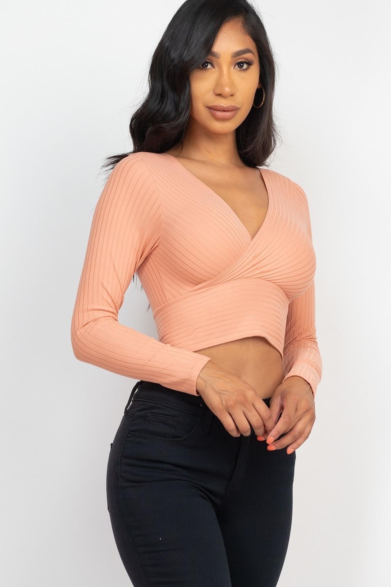 Wholesale Long Sleeve Ribbed Wrap Front Crop Top