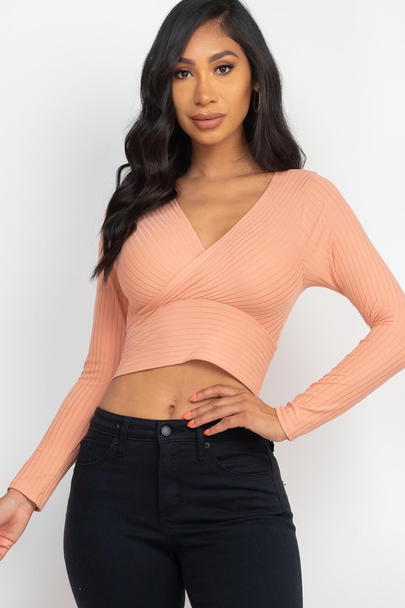 Wholesale Long Sleeve Ribbed Wrap Front Crop Top