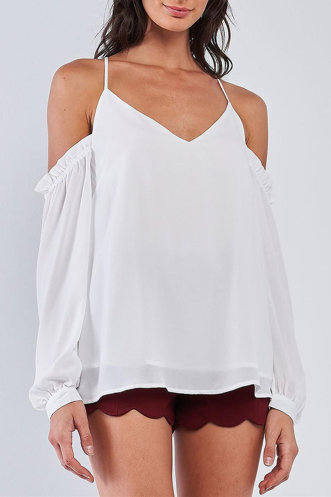 Wholesale White Off the Shoulder Bubble Sleeve V-Neck Top