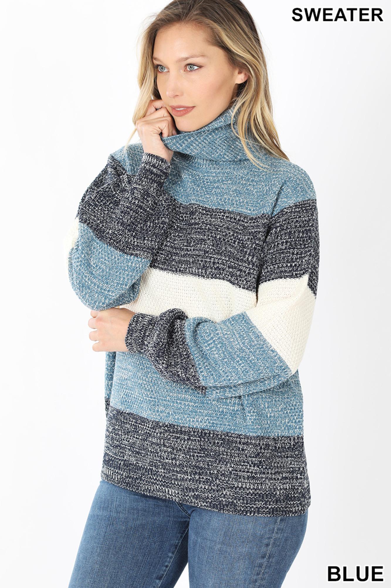 Wholesale Color Block Striped Turtle Neck Balloon Sleeve Sweater