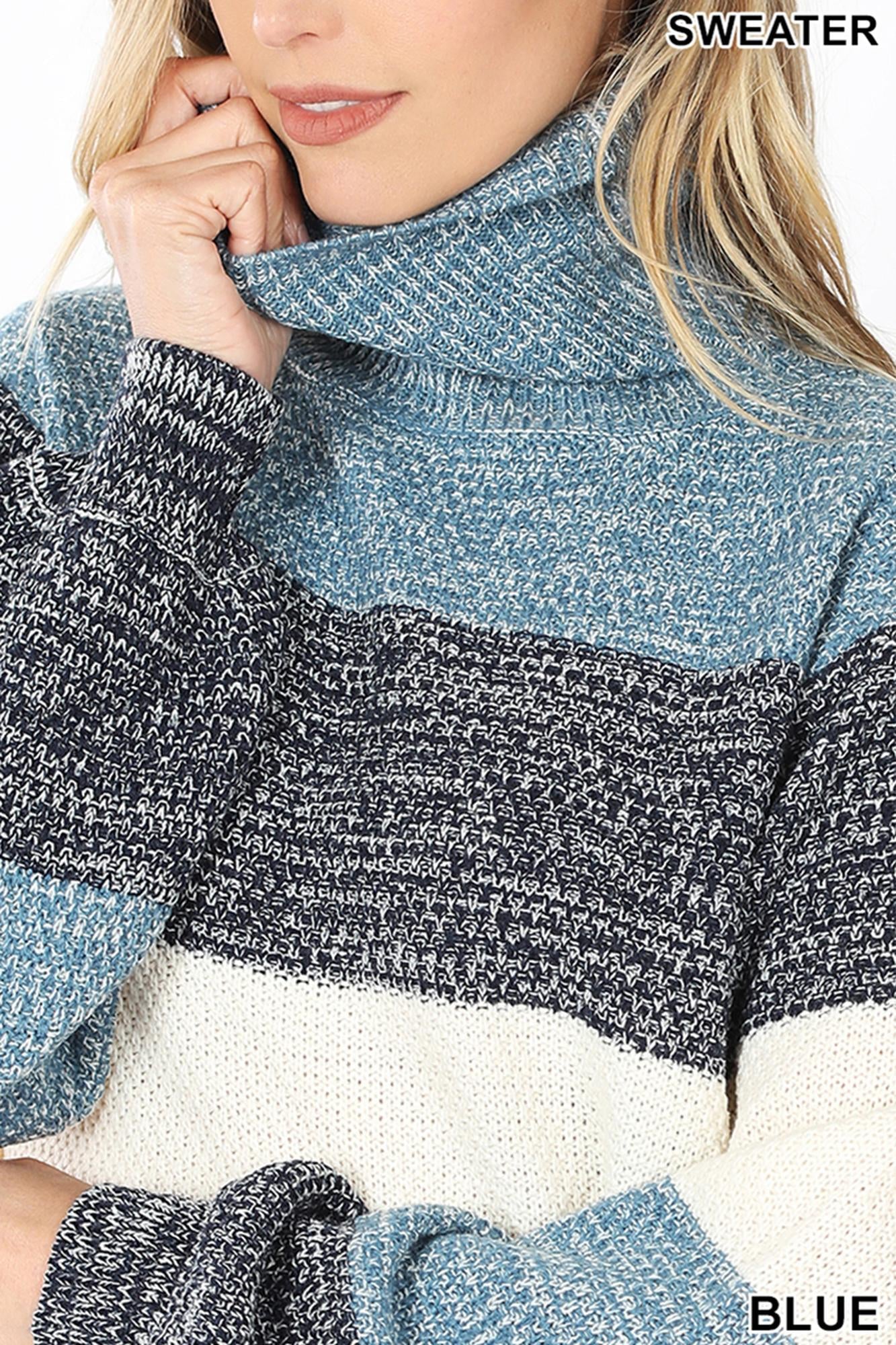 Wholesale Color Block Striped Turtle Neck Balloon Sleeve Sweater