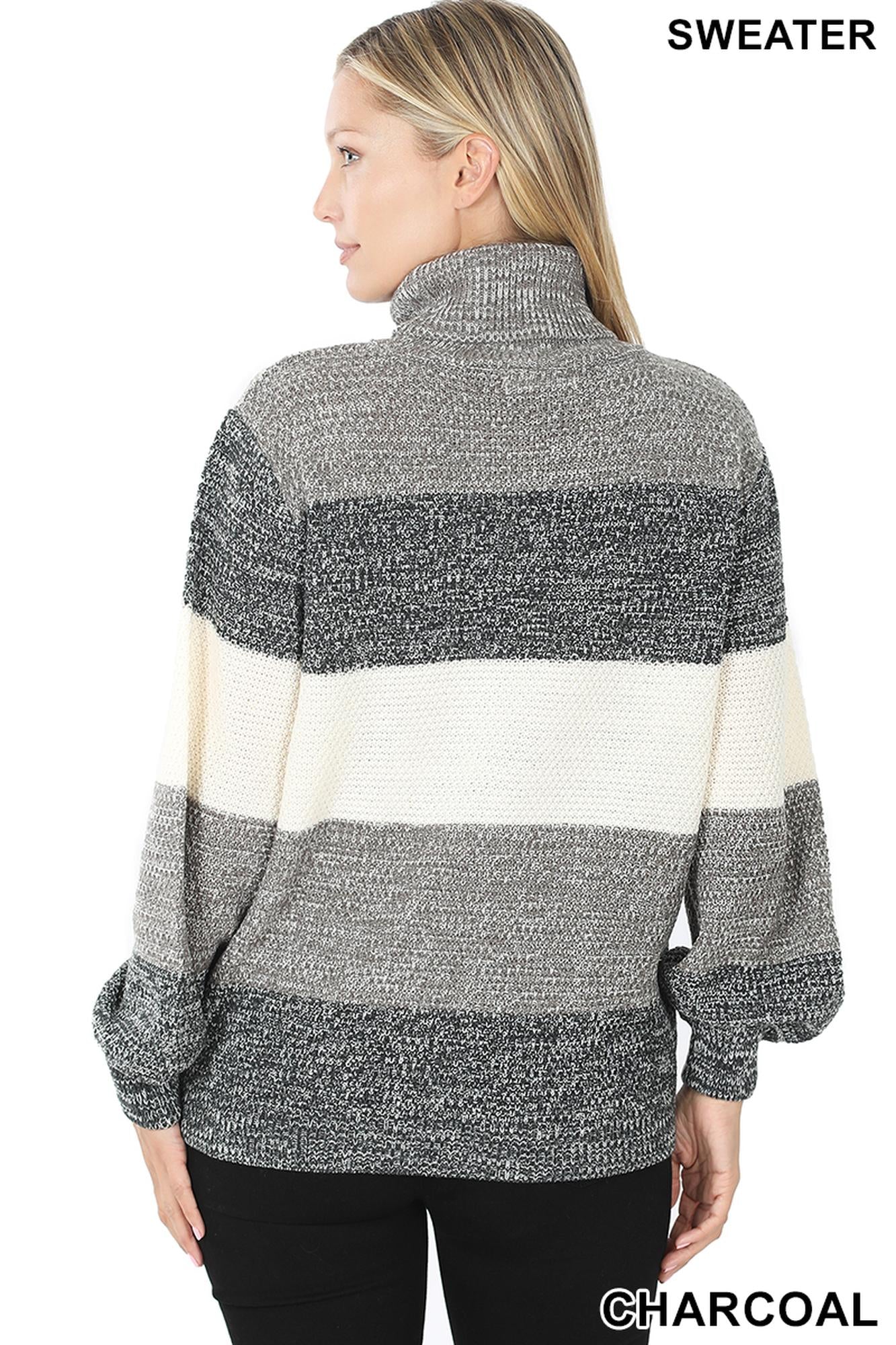 Wholesale Color Block Striped Turtle Neck Balloon Sleeve Sweater
