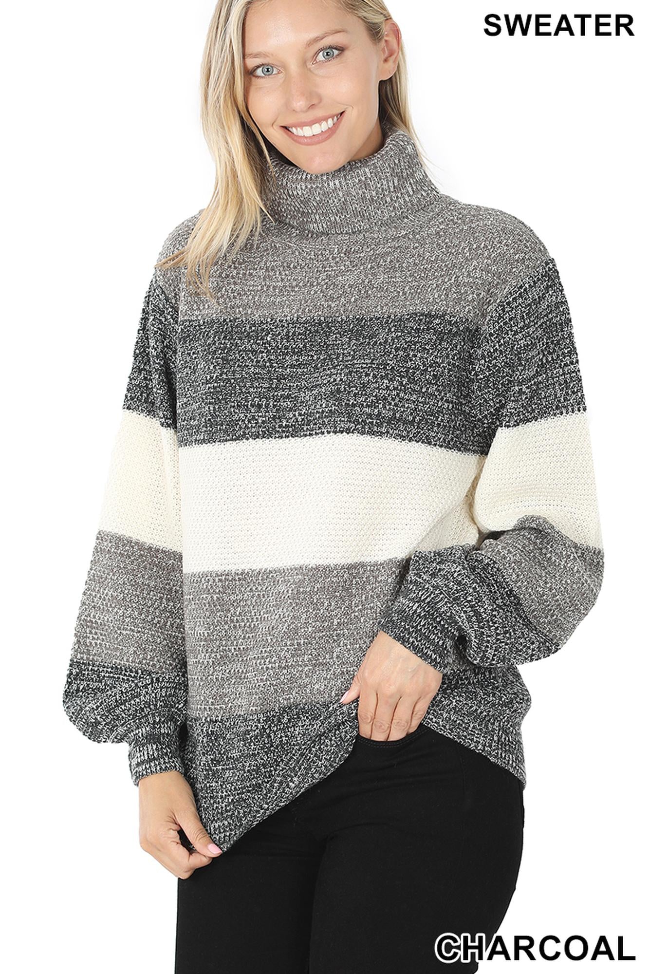 Wholesale Color Block Striped Turtle Neck Balloon Sleeve Sweater