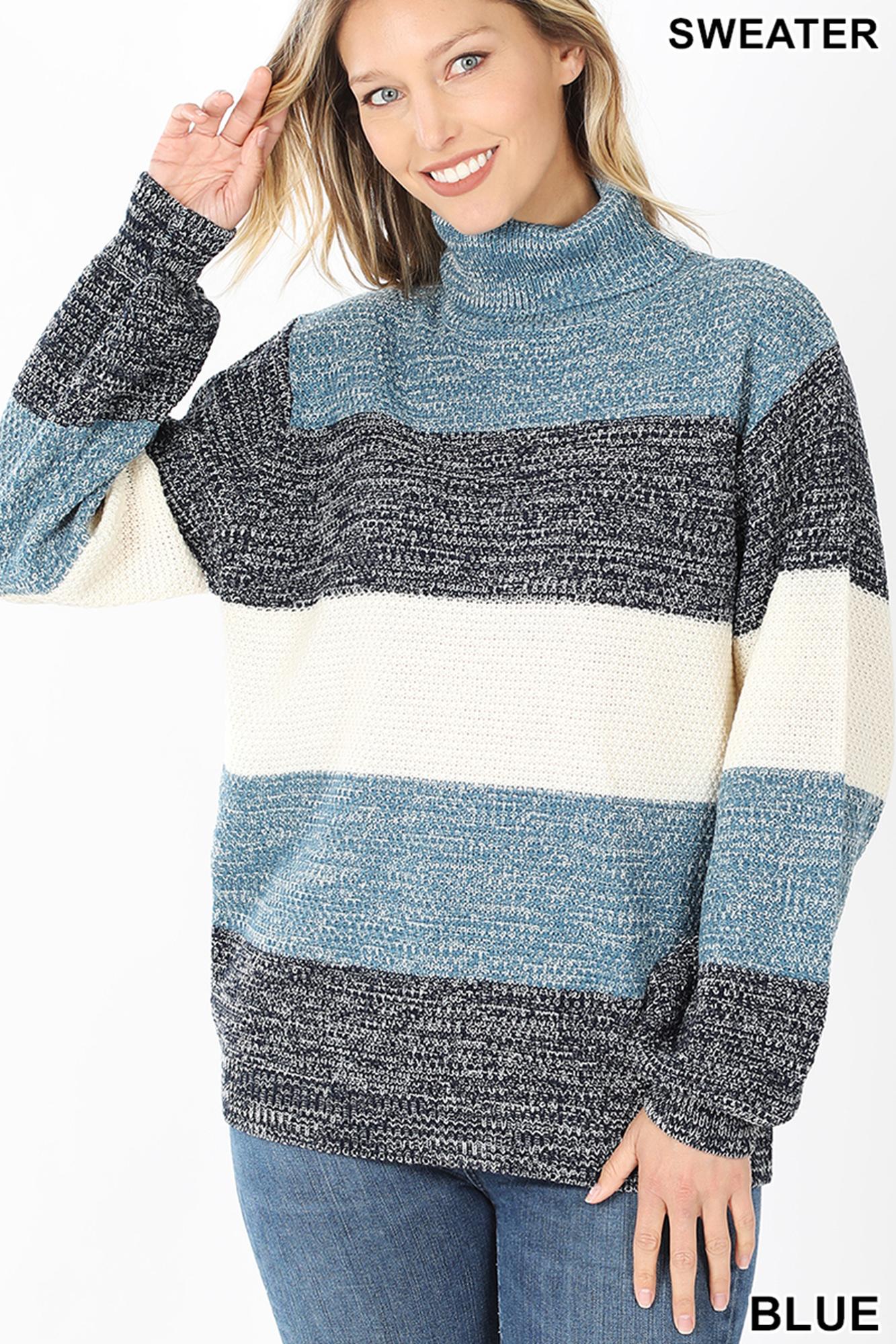 Wholesale Color Block Striped Turtle Neck Balloon Sleeve Sweater