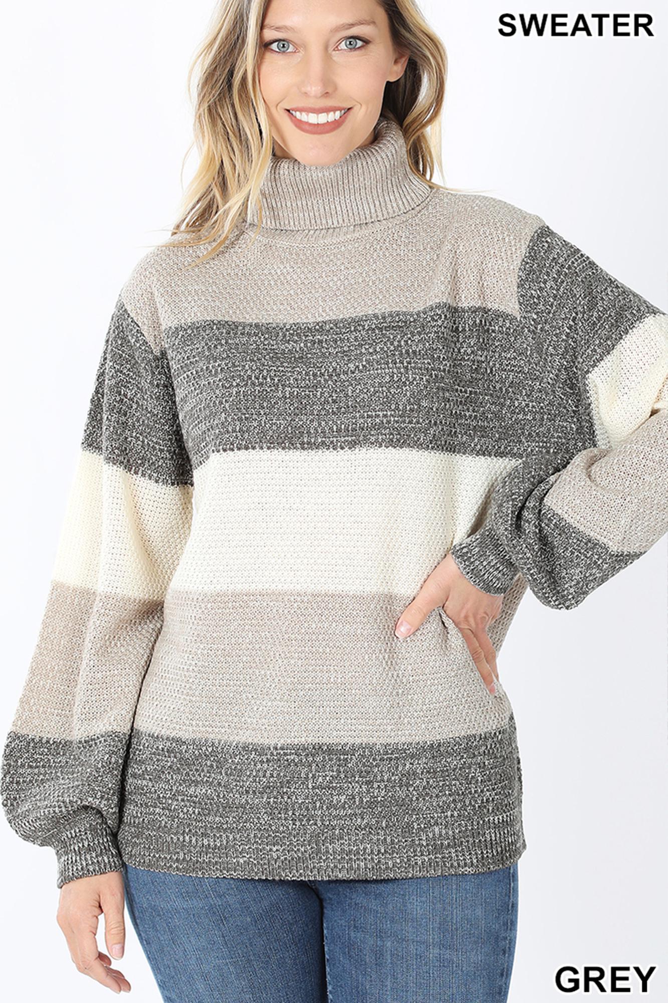Wholesale Color Block Striped Turtle Neck Balloon Sleeve Sweater
