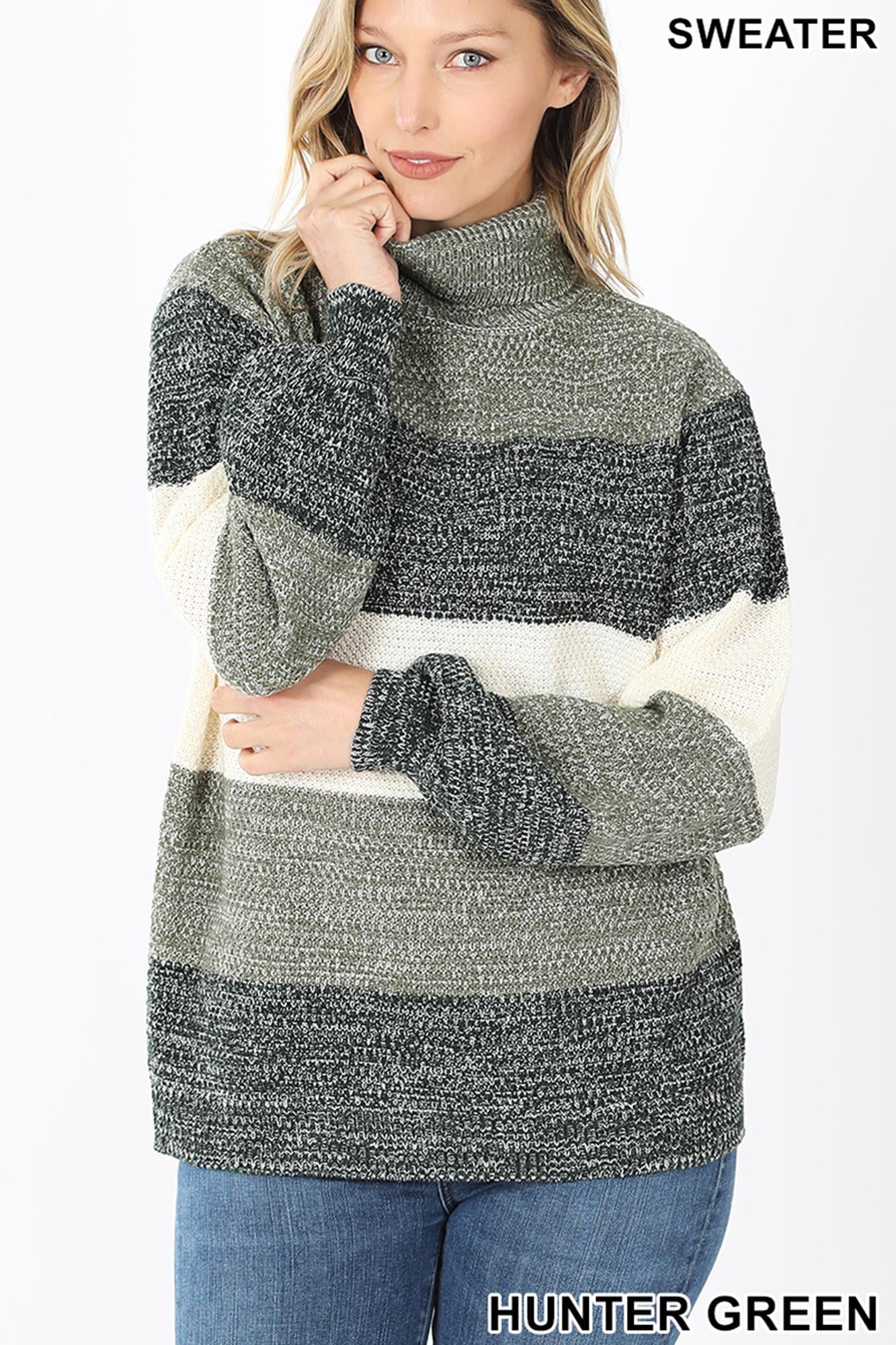 Wholesale Color Block Striped Turtle Neck Balloon Sleeve Sweater