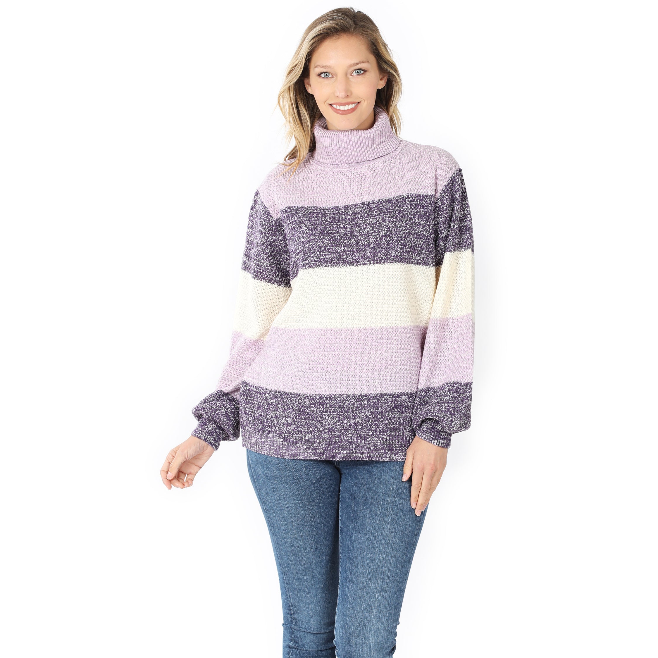 Wholesale Color Block Striped Turtle Neck Balloon Sleeve Sweater