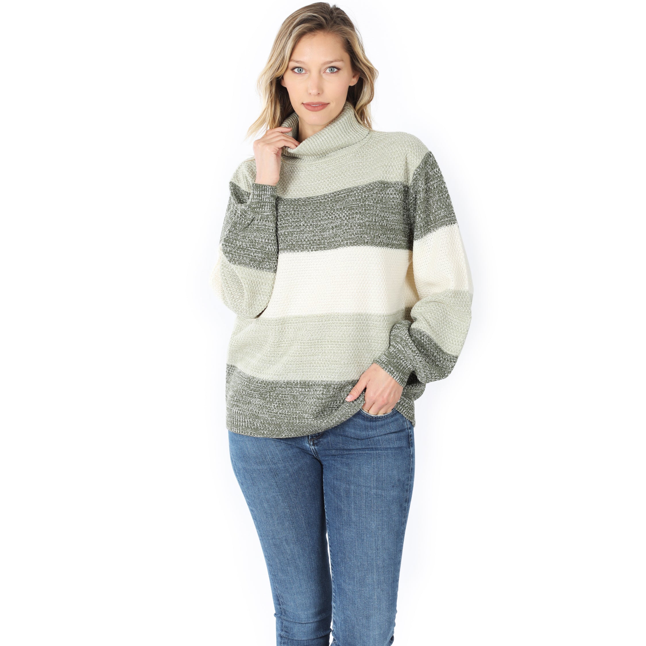 Wholesale Color Block Striped Turtle Neck Balloon Sleeve Sweater