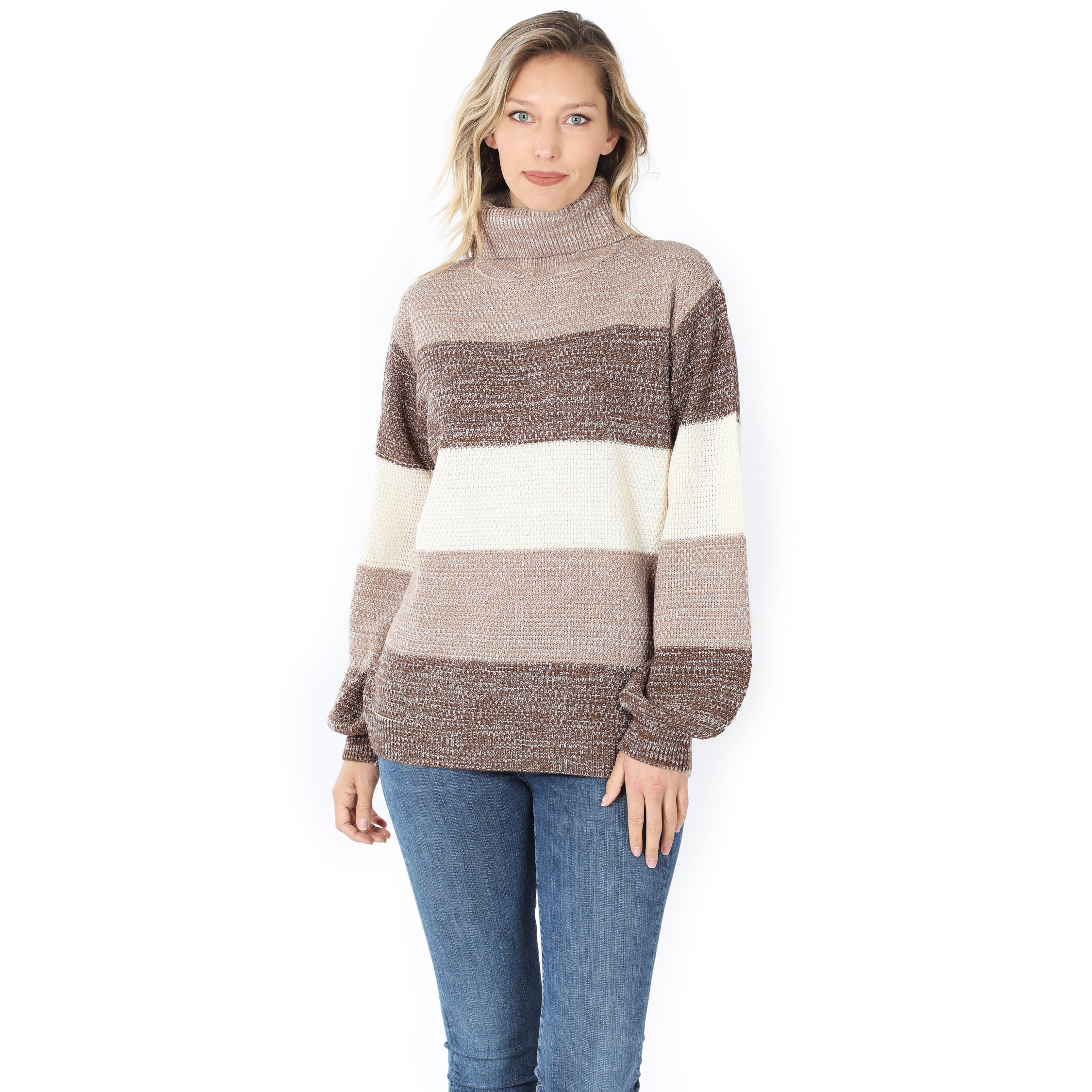 Wholesale Color Block Striped Turtle Neck Balloon Sleeve Sweater