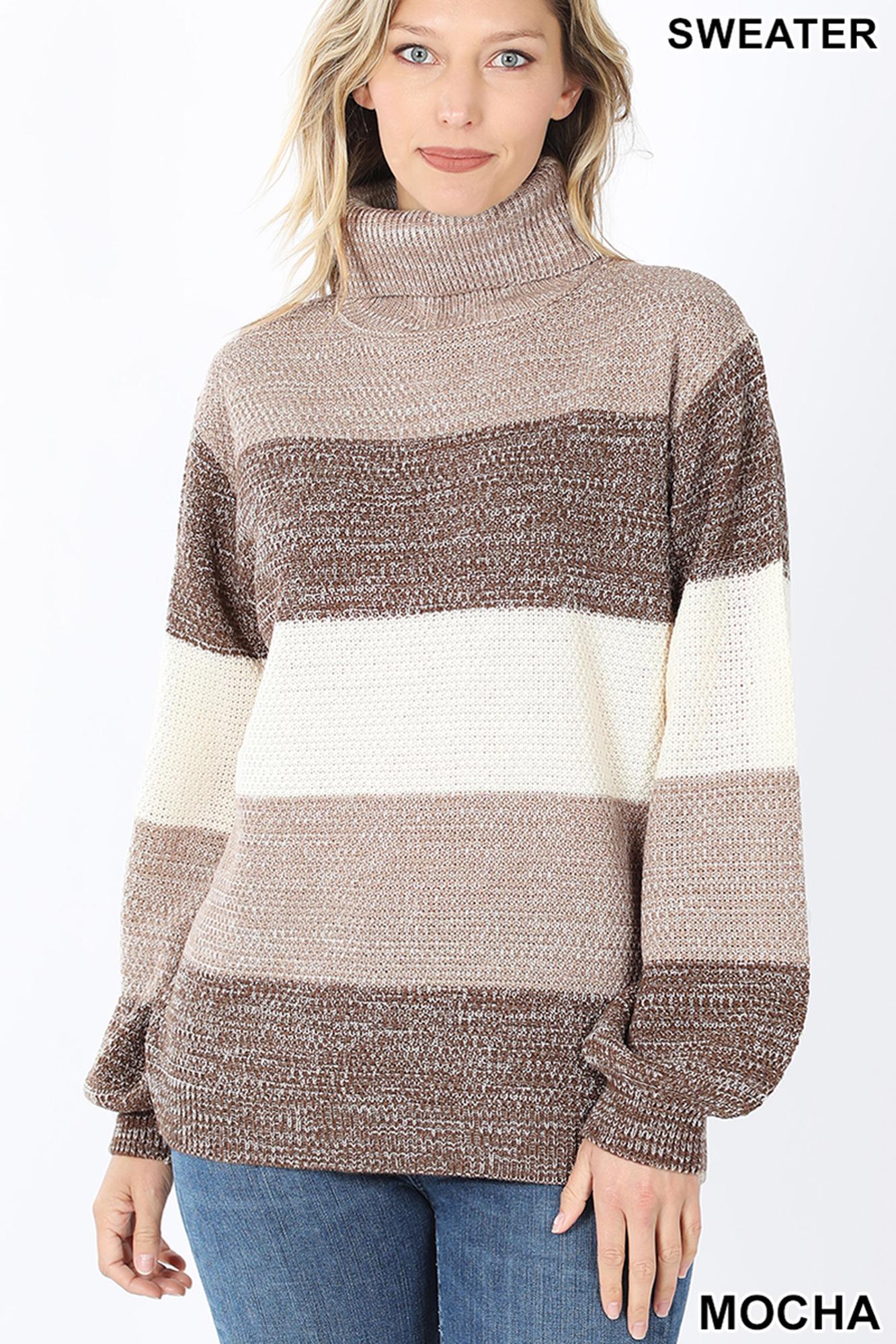 Wholesale Color Block Striped Turtle Neck Balloon Sleeve Sweater