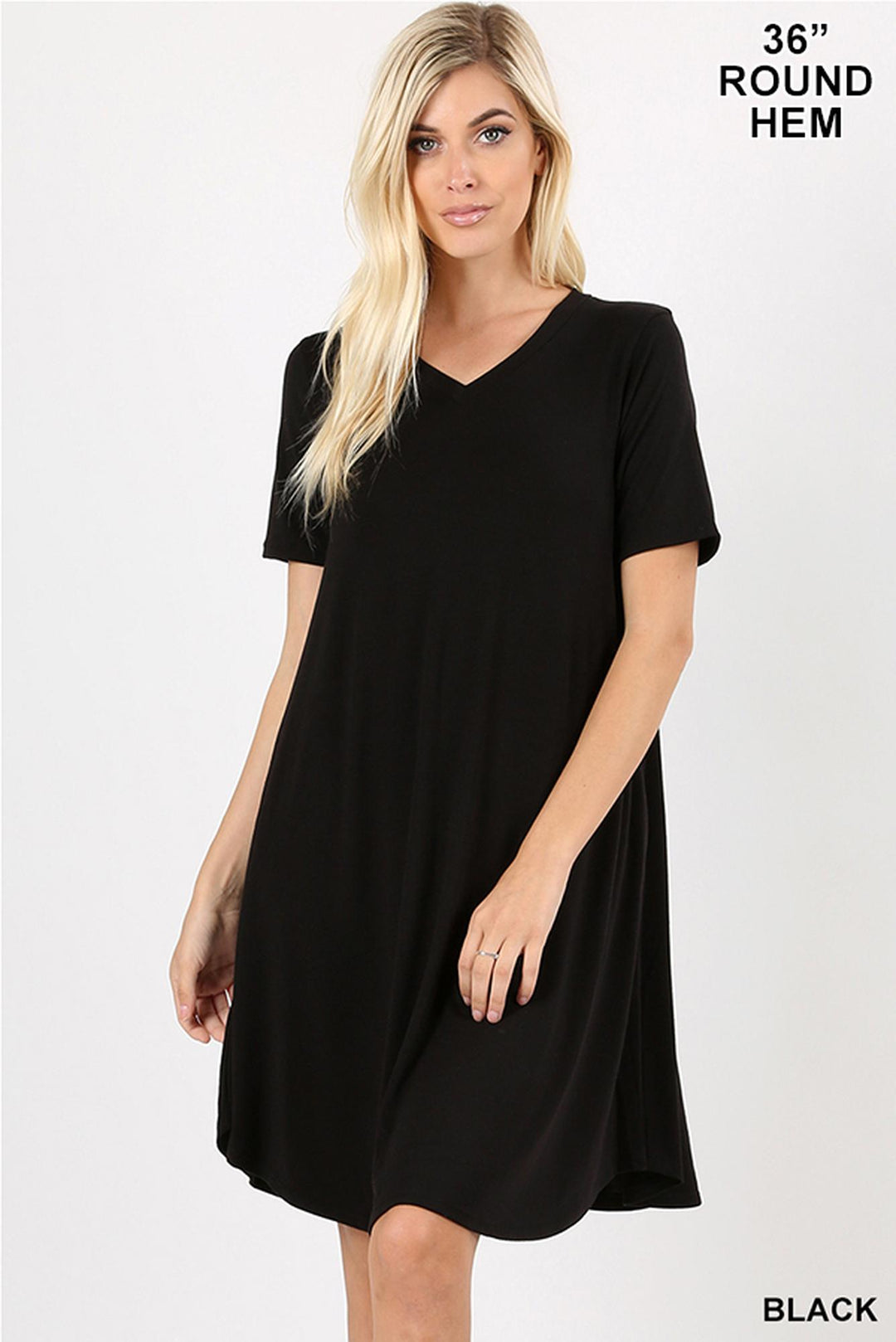 Wholesale V-Neck Round Hem Short Sleeve Rayon Top with Pockets - 36 Inch Length