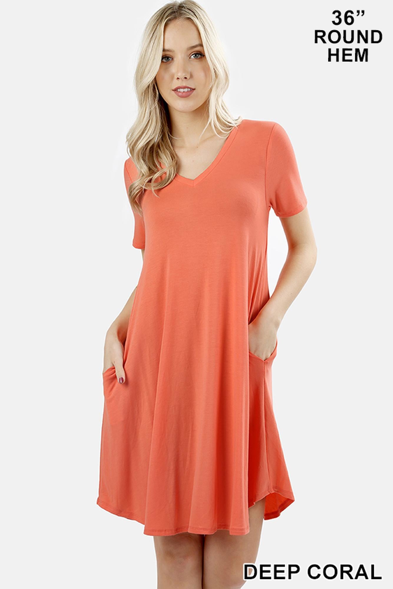 Wholesale V-Neck Round Hem Short Sleeve Rayon Top with Pockets - 36 Inch Length