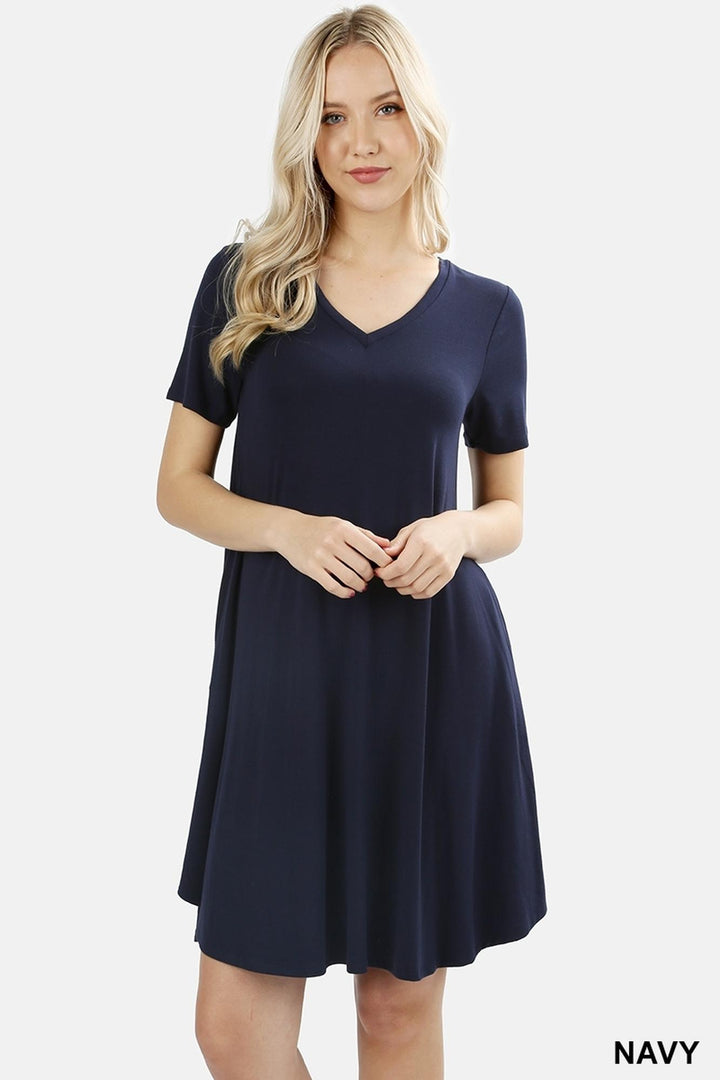 Wholesale V-Neck Round Hem Short Sleeve Rayon Top with Pockets - 36 Inch Length