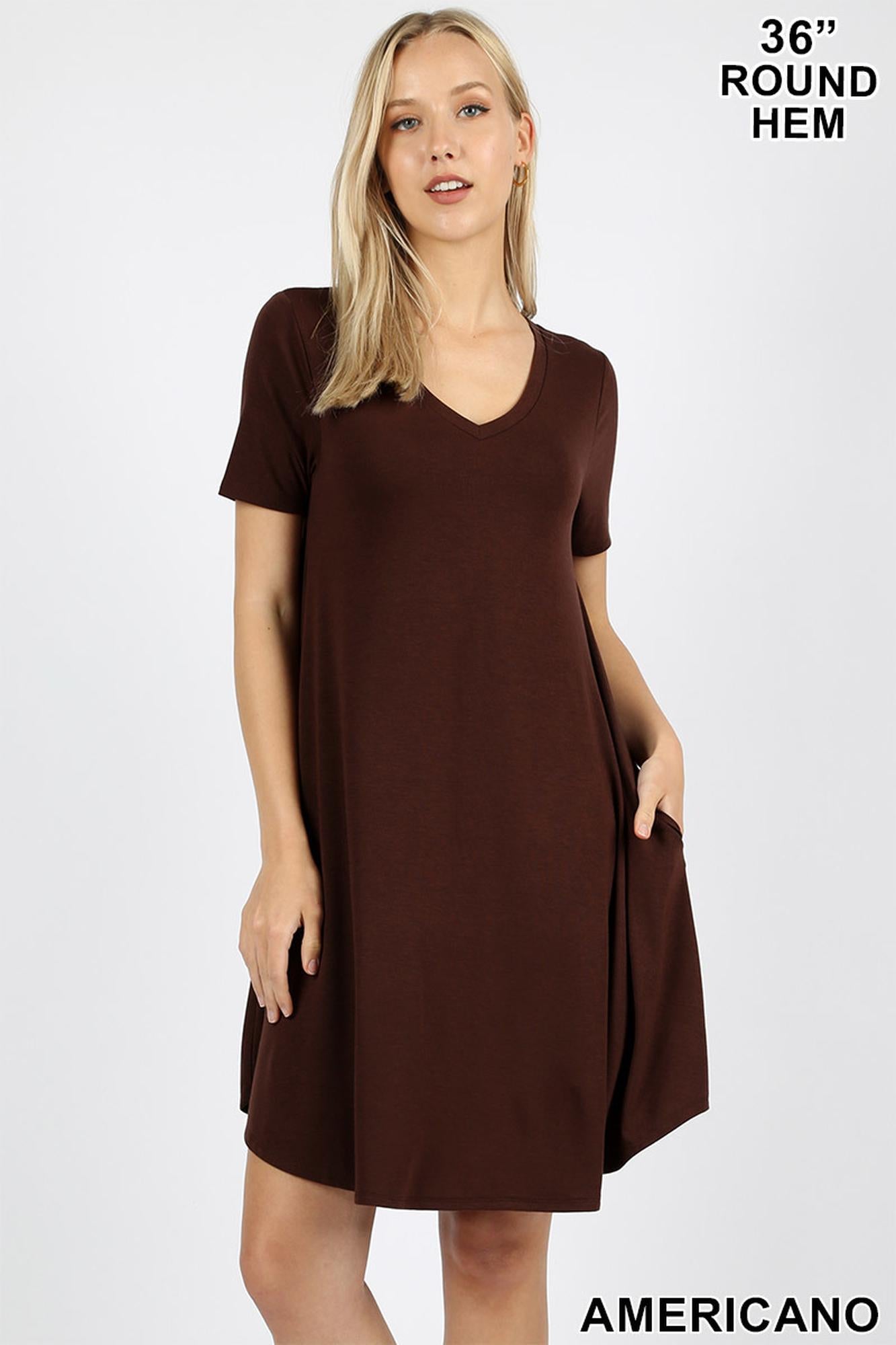 Wholesale V-Neck Round Hem Short Sleeve Rayon Top with Pockets - 36 Inch Length