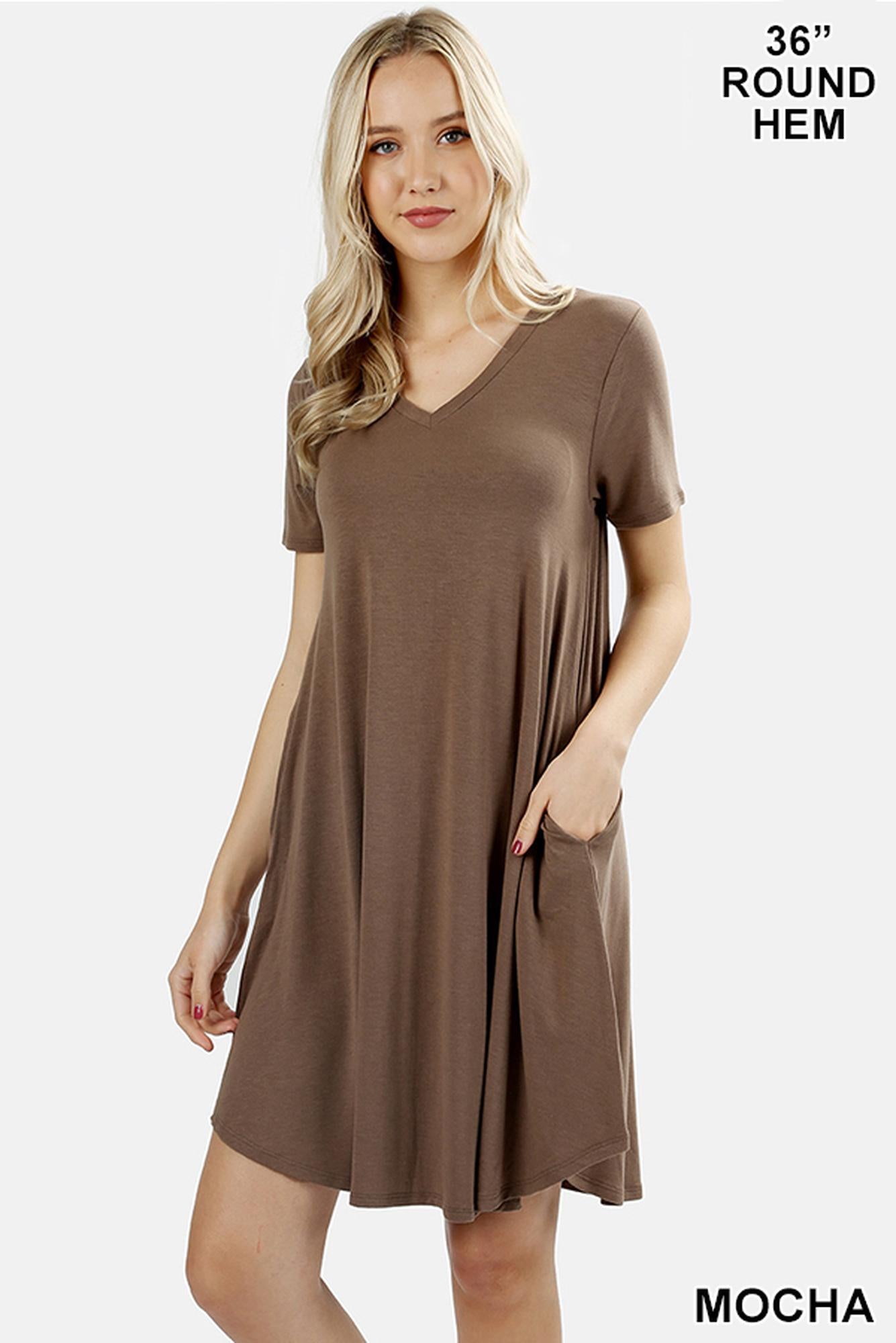 Wholesale V-Neck Round Hem Short Sleeve Rayon Top with Pockets - 36 Inch Length