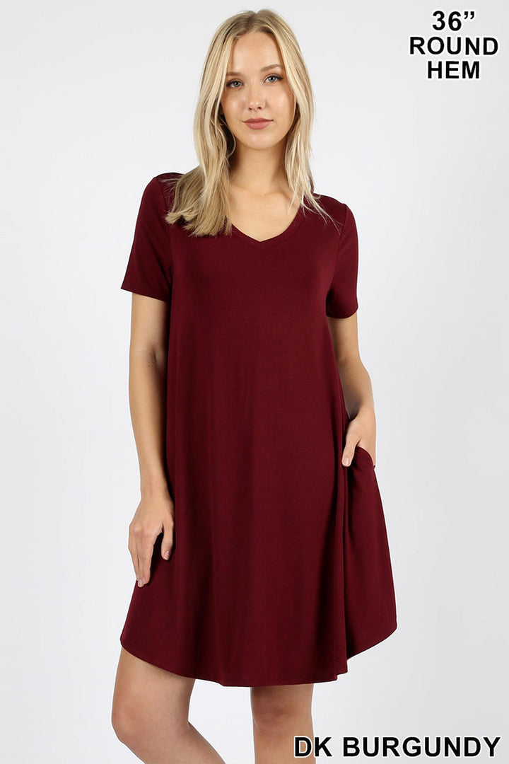 Wholesale V-Neck Round Hem Short Sleeve Rayon Top with Pockets - 36 Inch Length