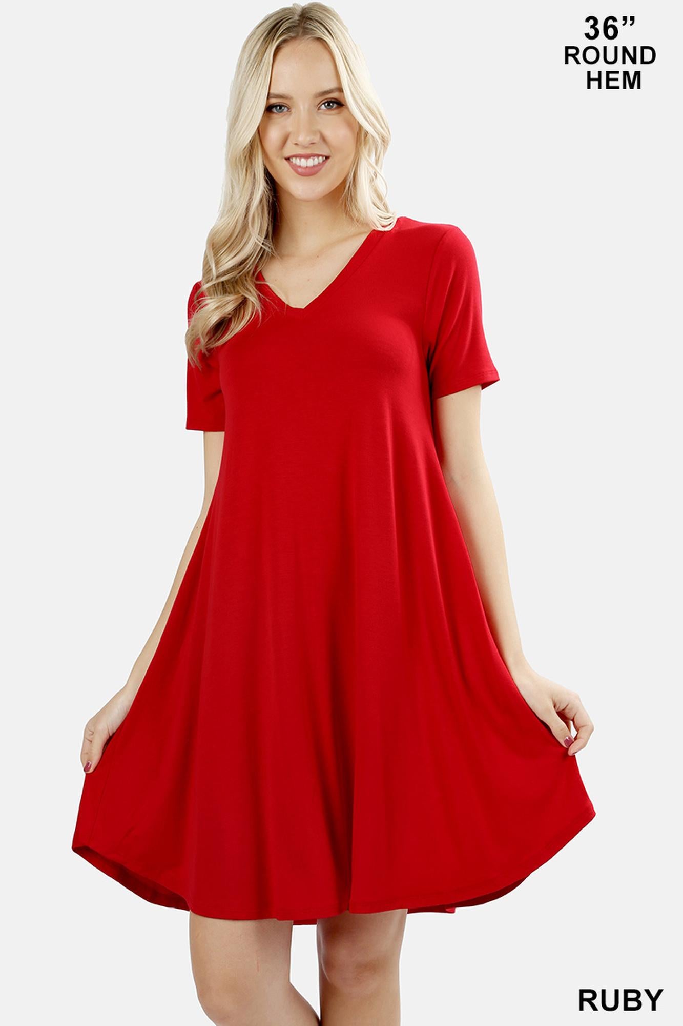Wholesale V-Neck Round Hem Short Sleeve Rayon Top with Pockets - 36 Inch Length