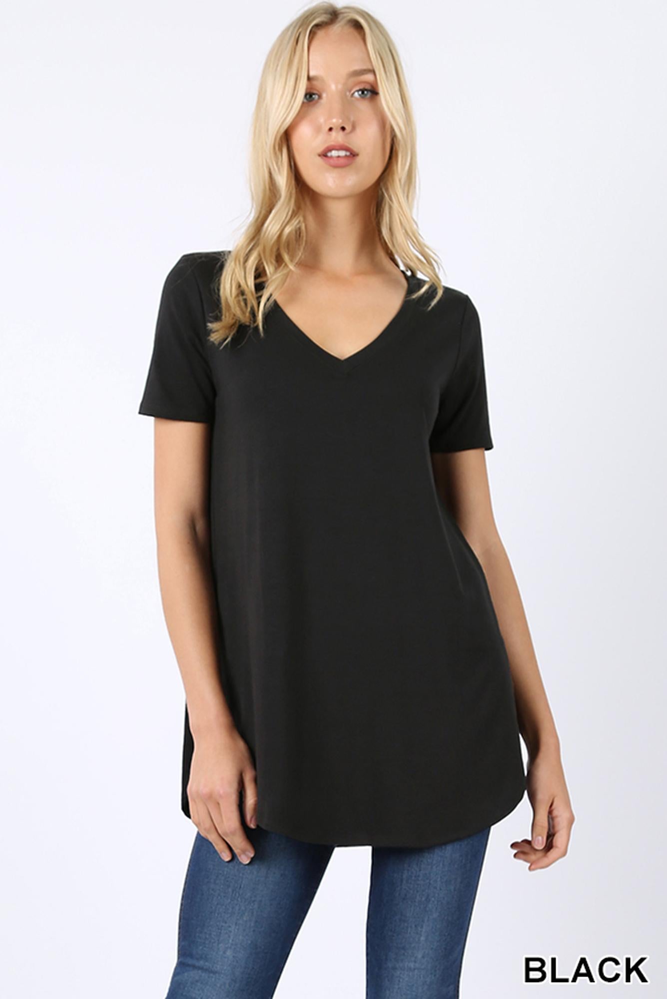 Wholesale Premium Short Sleeve V-Neck Round Hem Top